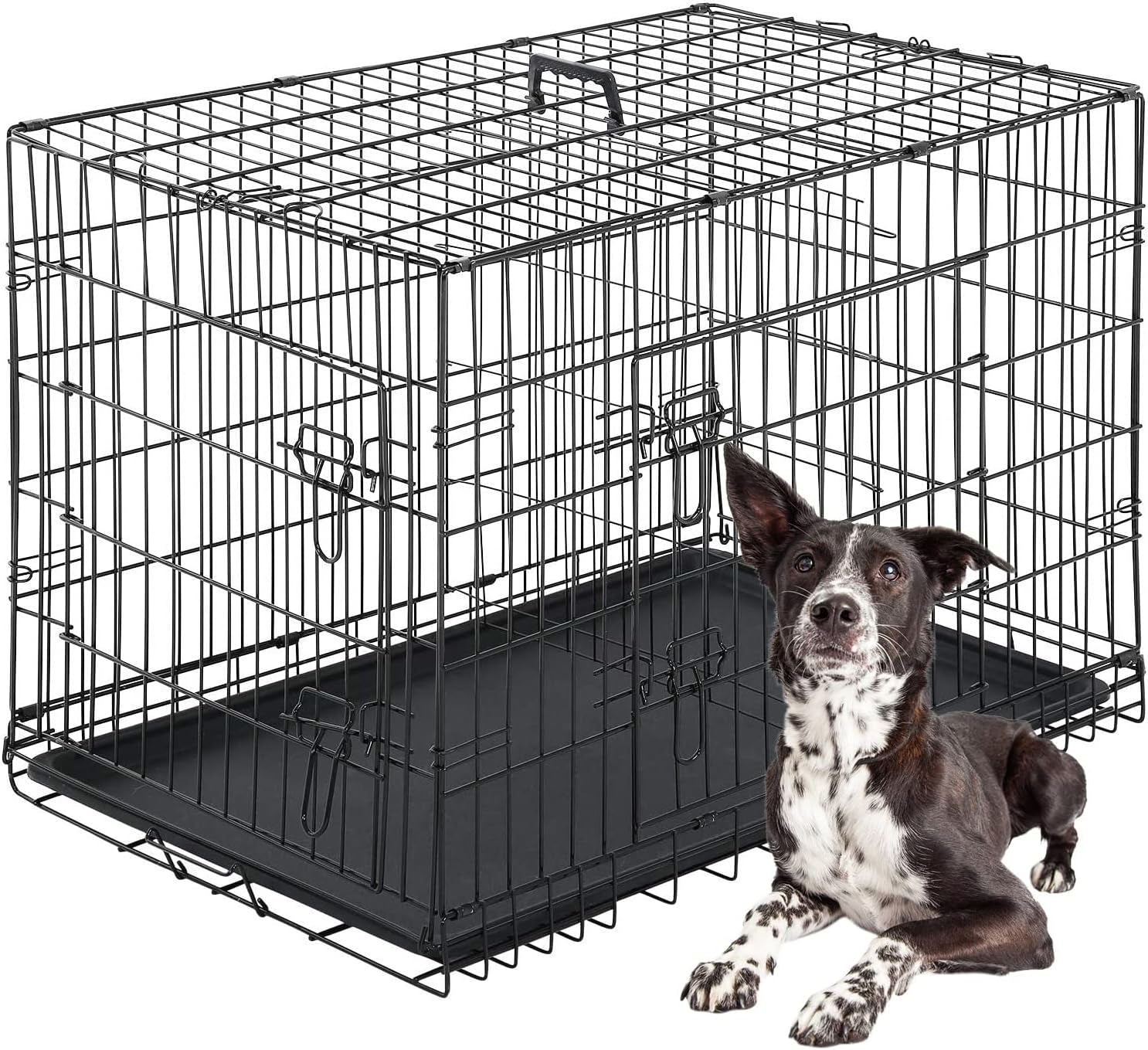 FDW Folding Metal Dog Crate with Double Door, Divider Panel & Leak-Proof Tray - Portable Kennel for Large Dogs,