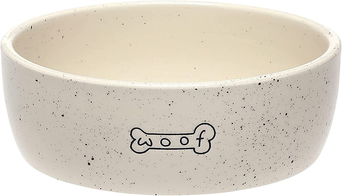 Pearhead Woof Ceramic Pet Bowl, White, Microwave/Dishwasher Safe, 24 Oz