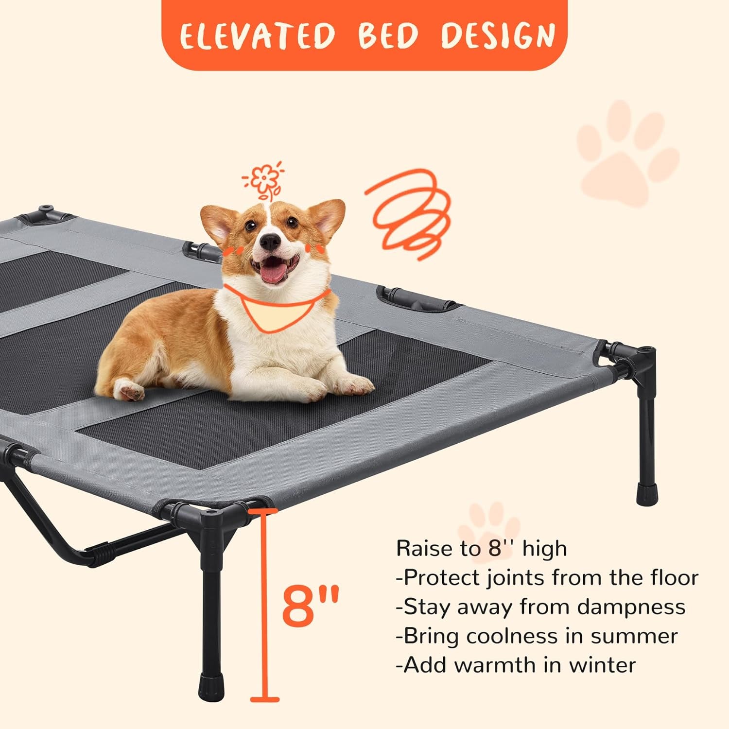 PRAISUN Large Outdoor Dog Bed - Elevated, Cooling, Portable with Oxford & Textilene Mesh