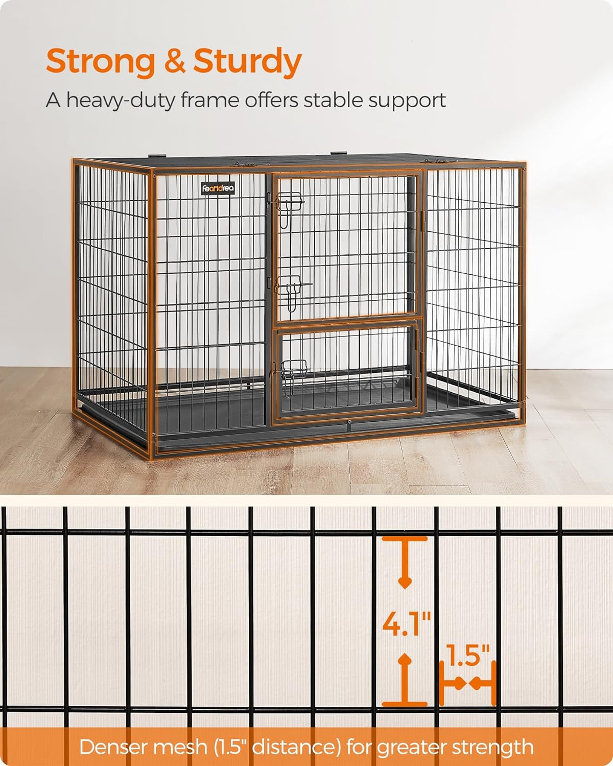 Feandrea XXL Heavy-Duty Metal Dog Crate – Large Dog Kennel with Removable Leak-Proof Tray, Strong & Durable Black Steel Construction