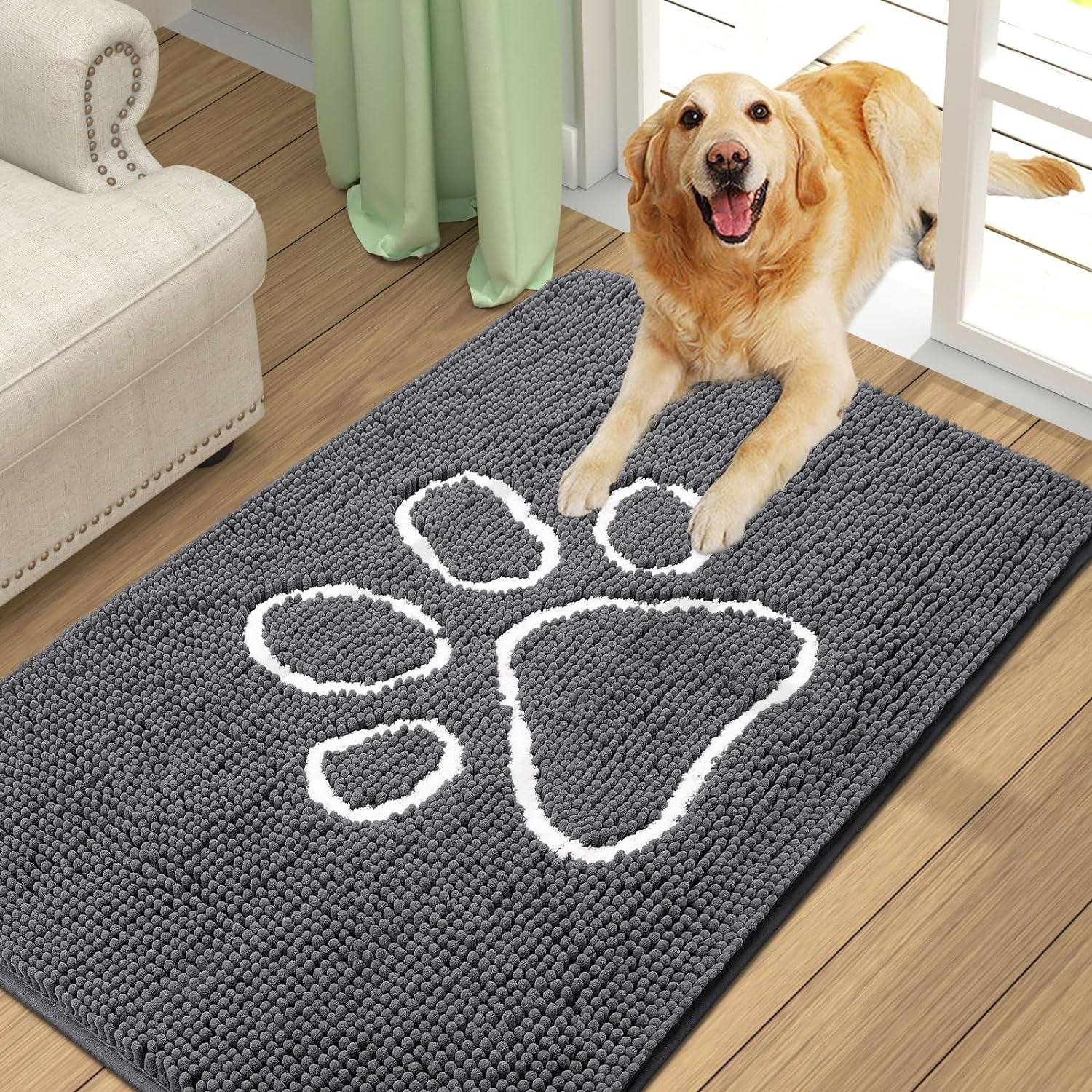 Absorbent Dog Door Mat for Muddy Paws, Non-Slip & Quick Dry Chenille, Washable, Traps Dirt & Moisture