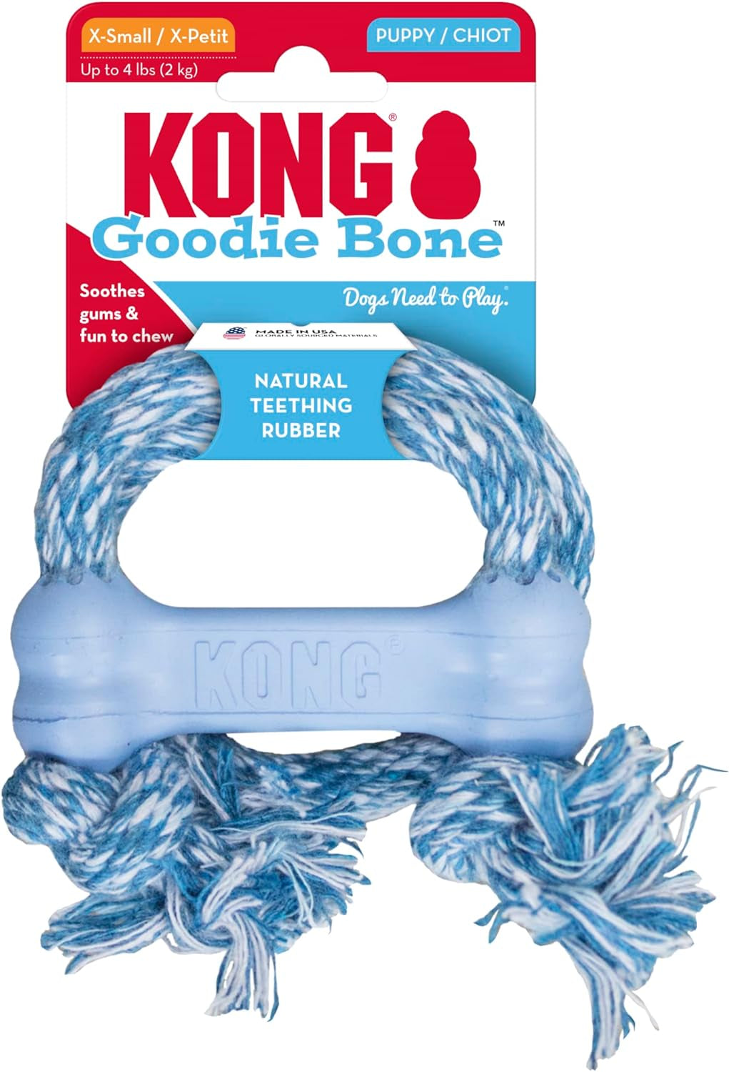 KONG Puppy Goodie Bone with Rope, Natural Rubber Chew Toy, Cotton Rope for Teeth Cleaning