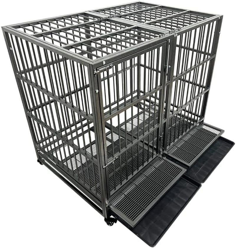 Heavy Duty Dog Crate with Wheels - Escape-Proof Steel Kennel for High Anxiety Dogs, Double Door & Tray, Extra Large XXL