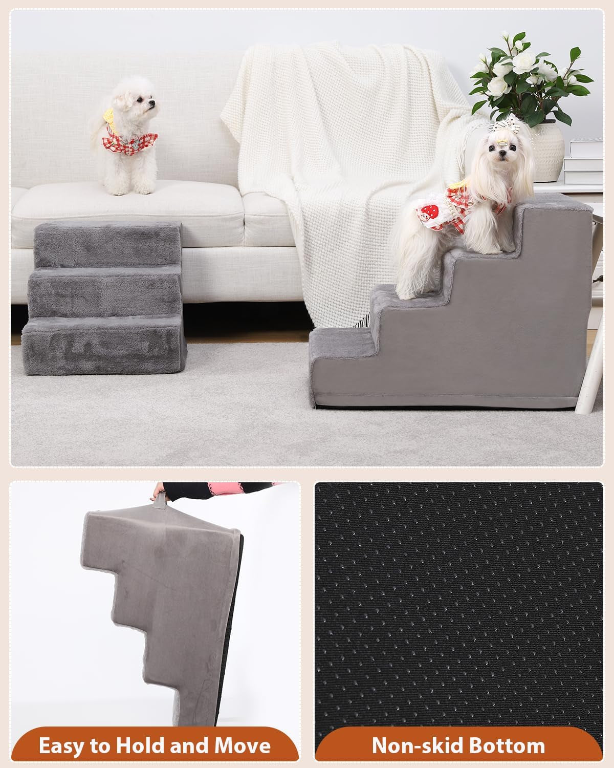 18" 4-Step Dog Stairs for High Beds and Couches, Non-Slip, High-Density Foam - Grey