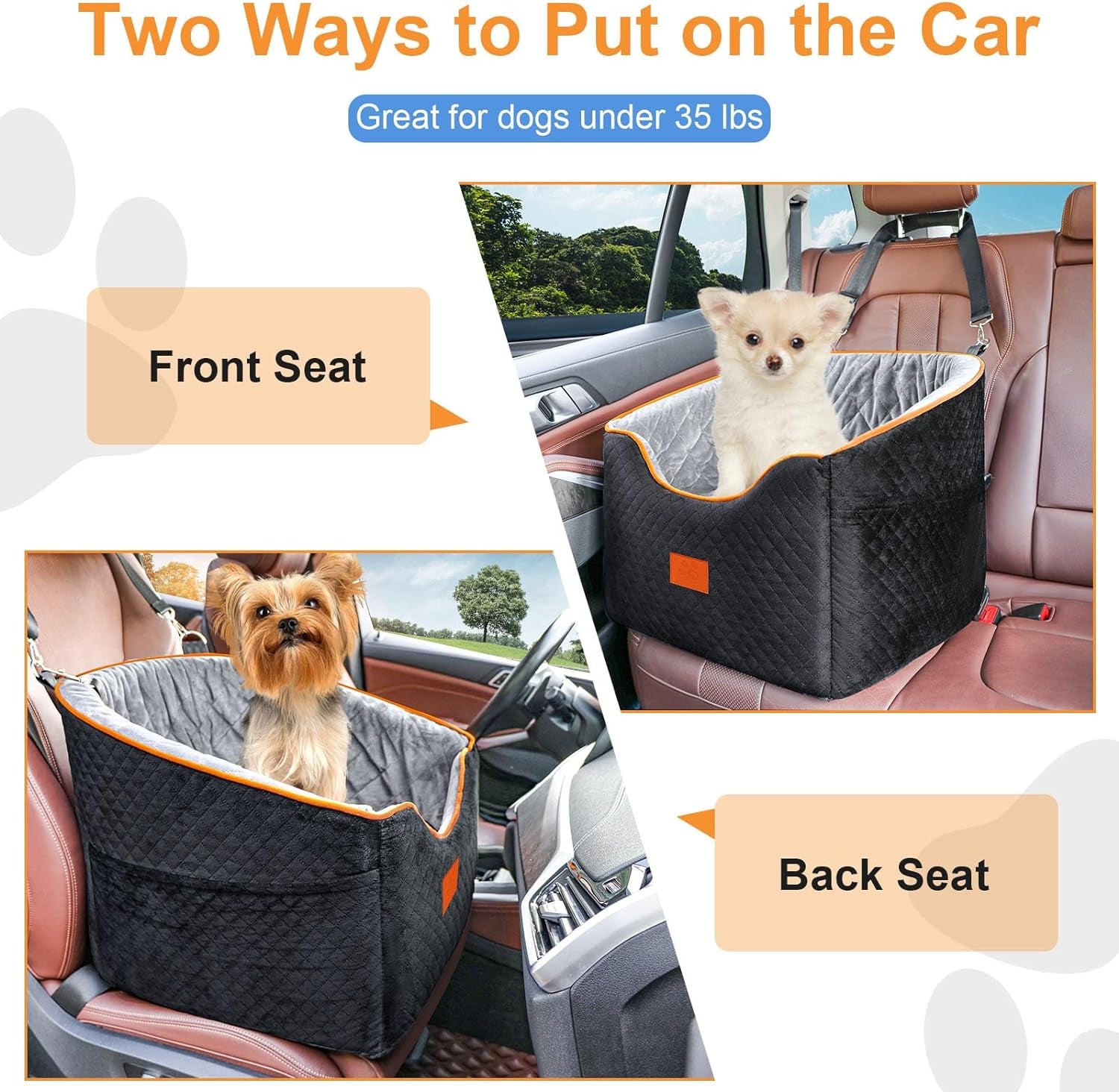 Memory Foam Dog Car Seat for Small Dogs Up to 35 lbs - Elevated Travel Booster Seat with Washable Cover & Storage Pockets, Black/Gray