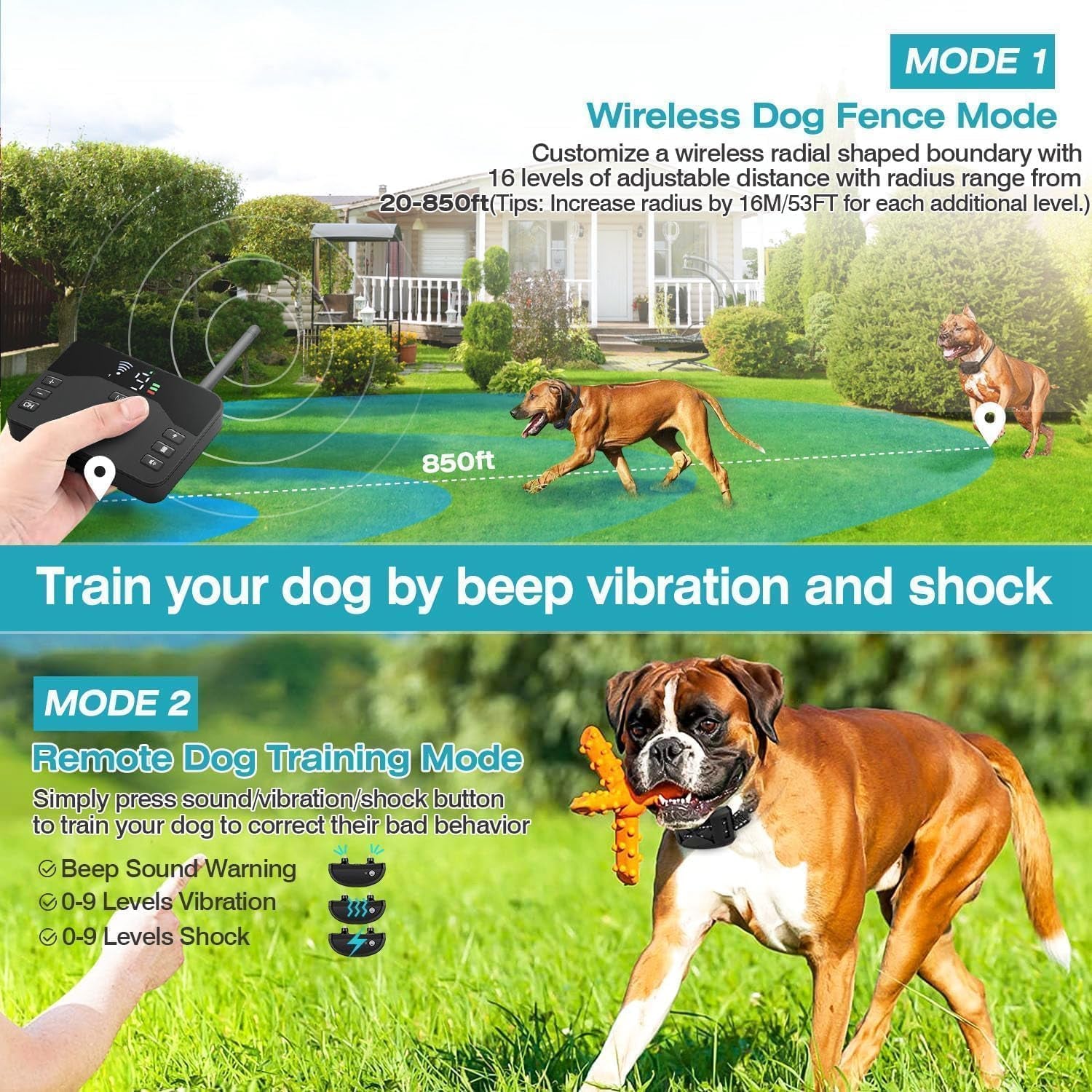 2-In-1 Wireless Dog Fence System – Electric Pet Containment System with IP65 Waterproof Training Collars for 2 Dogs, Covers up to 8 Acres