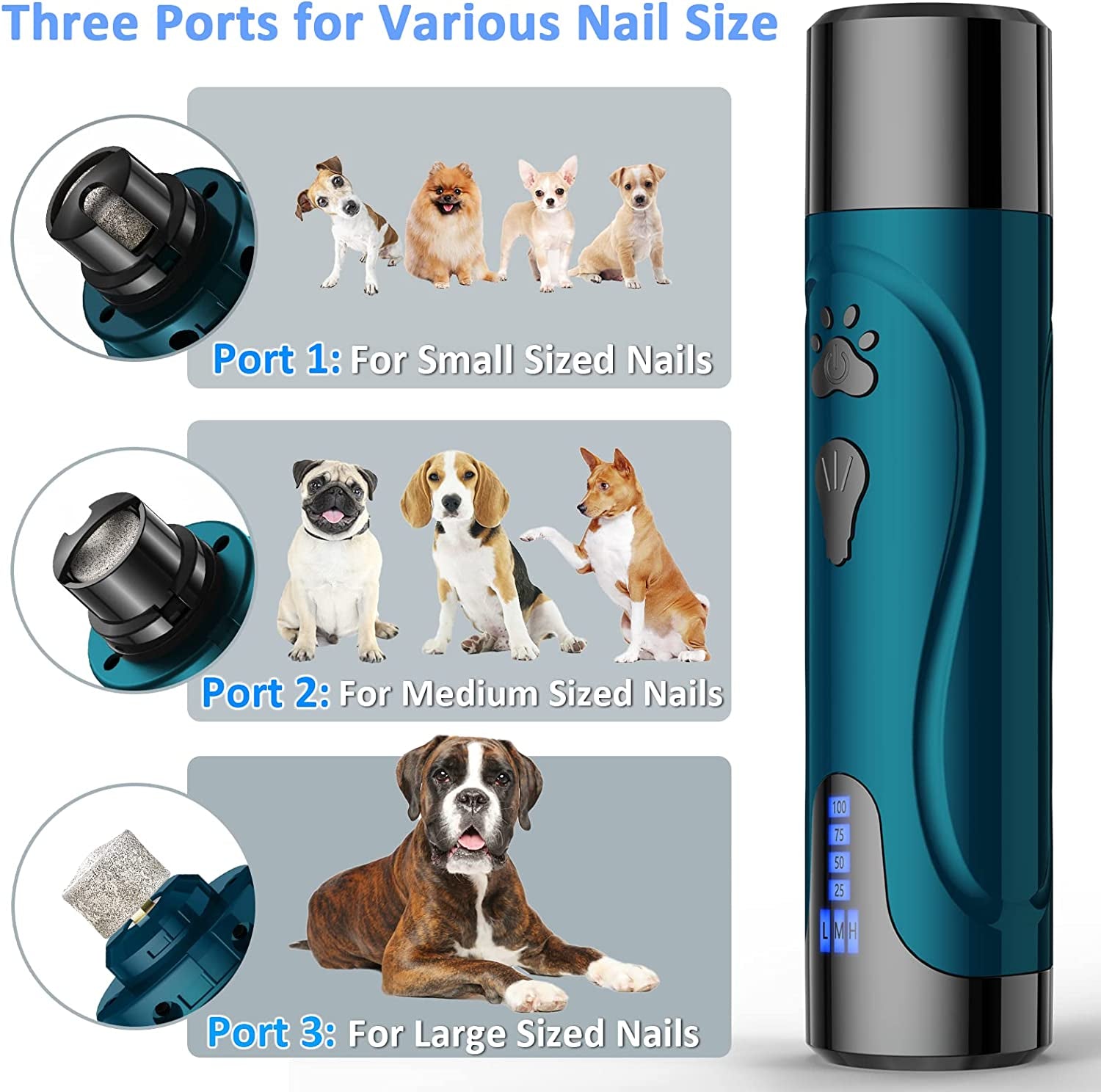 Dog Nail Grinder Kit: Quiet, Rechargeable, 3-Speed, Includes 2 Grinding Wheels, Dark Blue