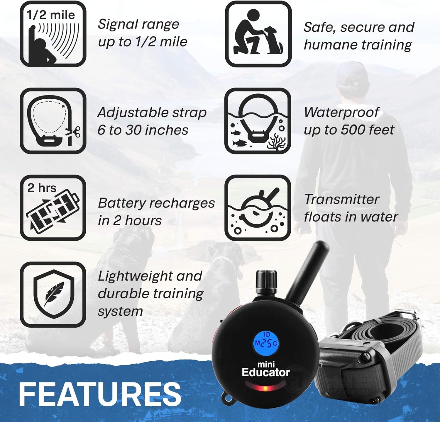 Educator ET-300 Black Ecollar, 1/2 Mile Range, 100 Levels, Waterproof, with Training Clicker