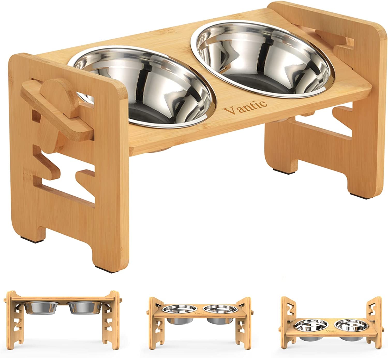 Vantic Adjustable Elevated Dog Bowls - Rustic Brown Particle Board Stand with 2 Stainless Steel Bowls & Non-Slip Feet,