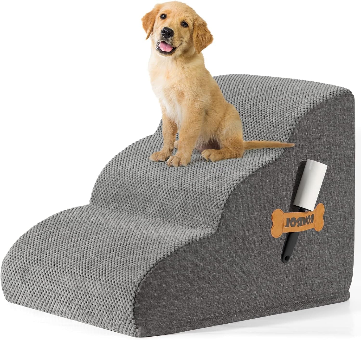 Romrol 4-Tier Dog Stairs: Non-Slip, Waterproof Fabric Cover, Ramp for Pets with Joint Issues, Grey