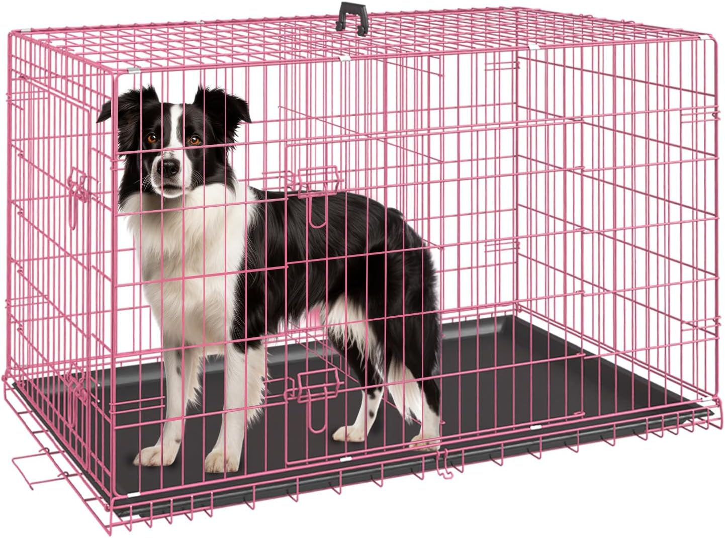 FDW Folding Metal Dog Crate with Double Door, Divider Panel & Leak-Proof Tray - Portable Kennel for Large Dogs,