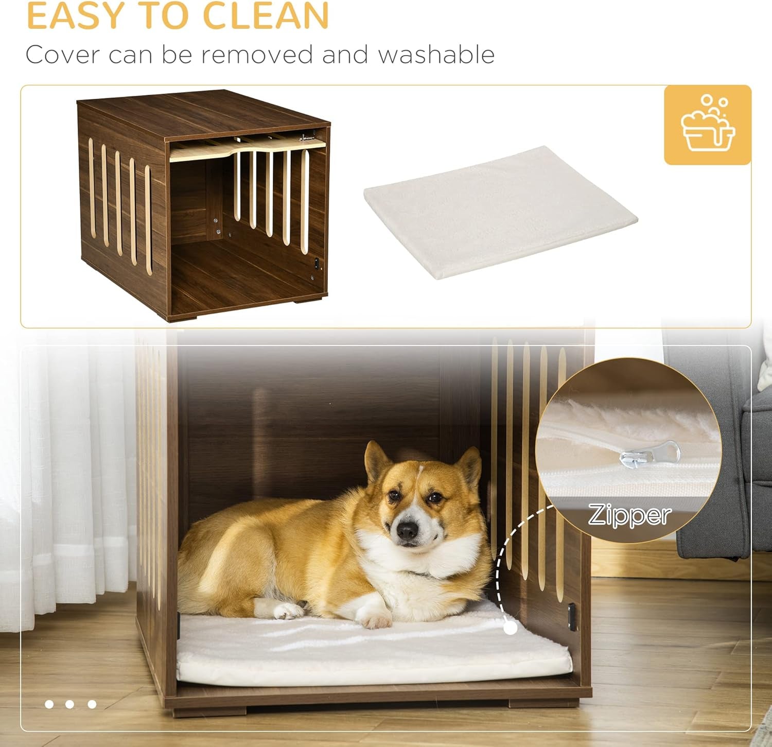 Pawhut Furniture Style Brown Indoor Dog Crate End Table with Removable Door, Foam Cushion, and Safety Lock 