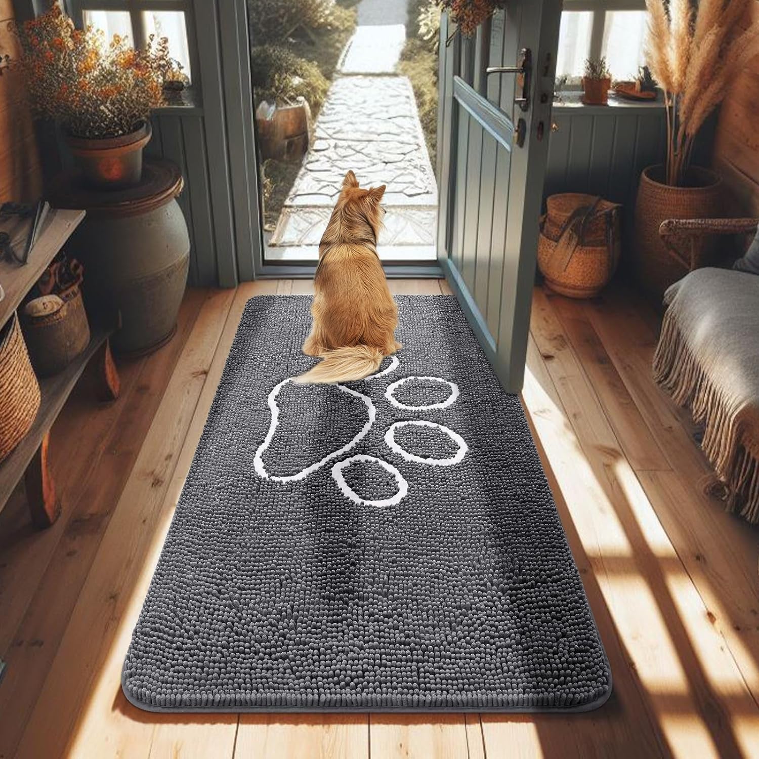 Absorbent Dog Door Mat for Muddy Paws, Non-Slip & Quick Dry Chenille, Washable, Traps Dirt & Moisture