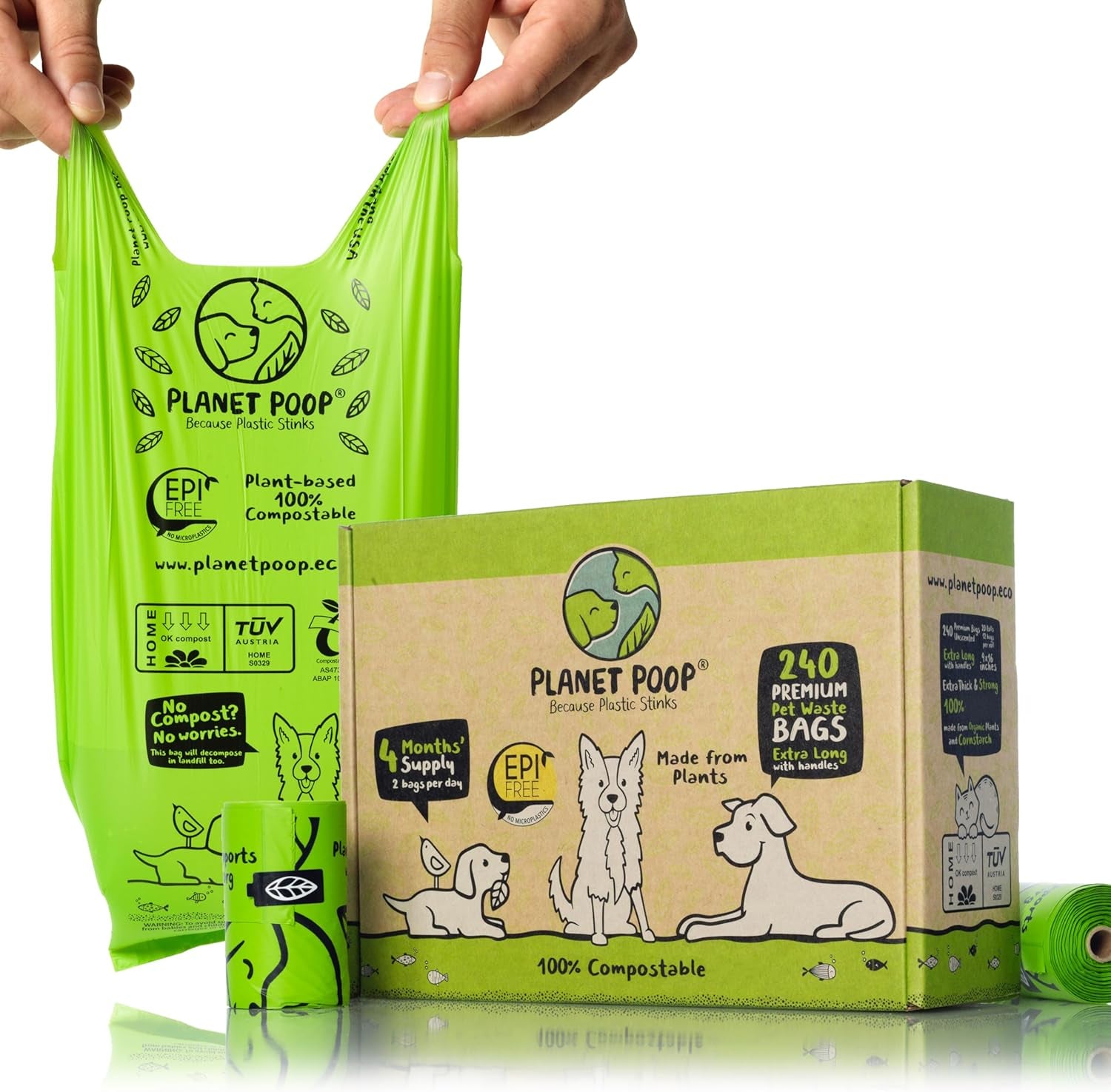 Compostable Dog Poop Bags, Extra Long with Handles, Leakproof & Plastic-Free, Eco-Friendly