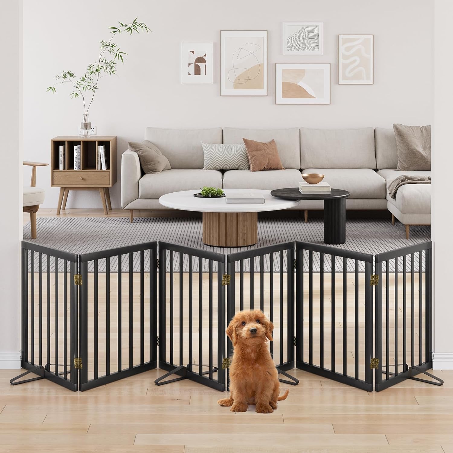 Wooden Foldable Dog Gate, Freestanding Multi-Panel Indoor Pet Gate, Extra Wide 24" Tall Dog Barrier