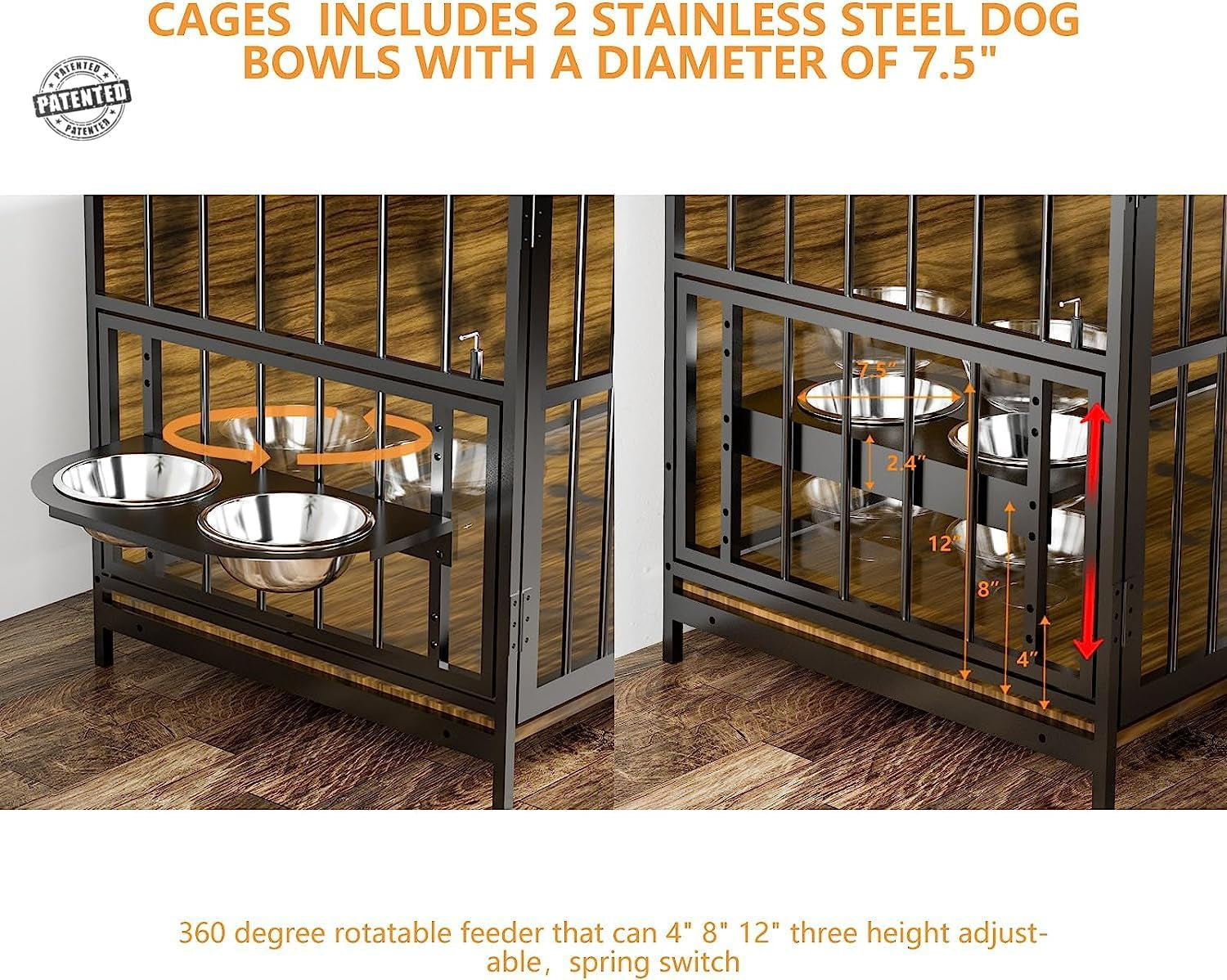 ROOMTEC Furniture Style Large Dog Crate with 360° Adjustable Feeder - Classic Brown End Table Crate with 2 Stainless Steel Bowls, 41"x24"x36"