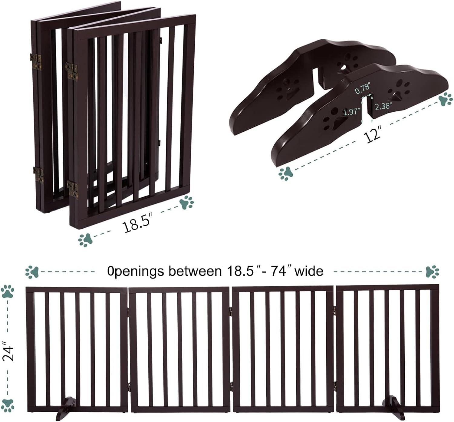 Wooden Foldable Dog Gate, Freestanding Multi-Panel Indoor Pet Gate, Extra Wide 24" Tall Dog Barrier