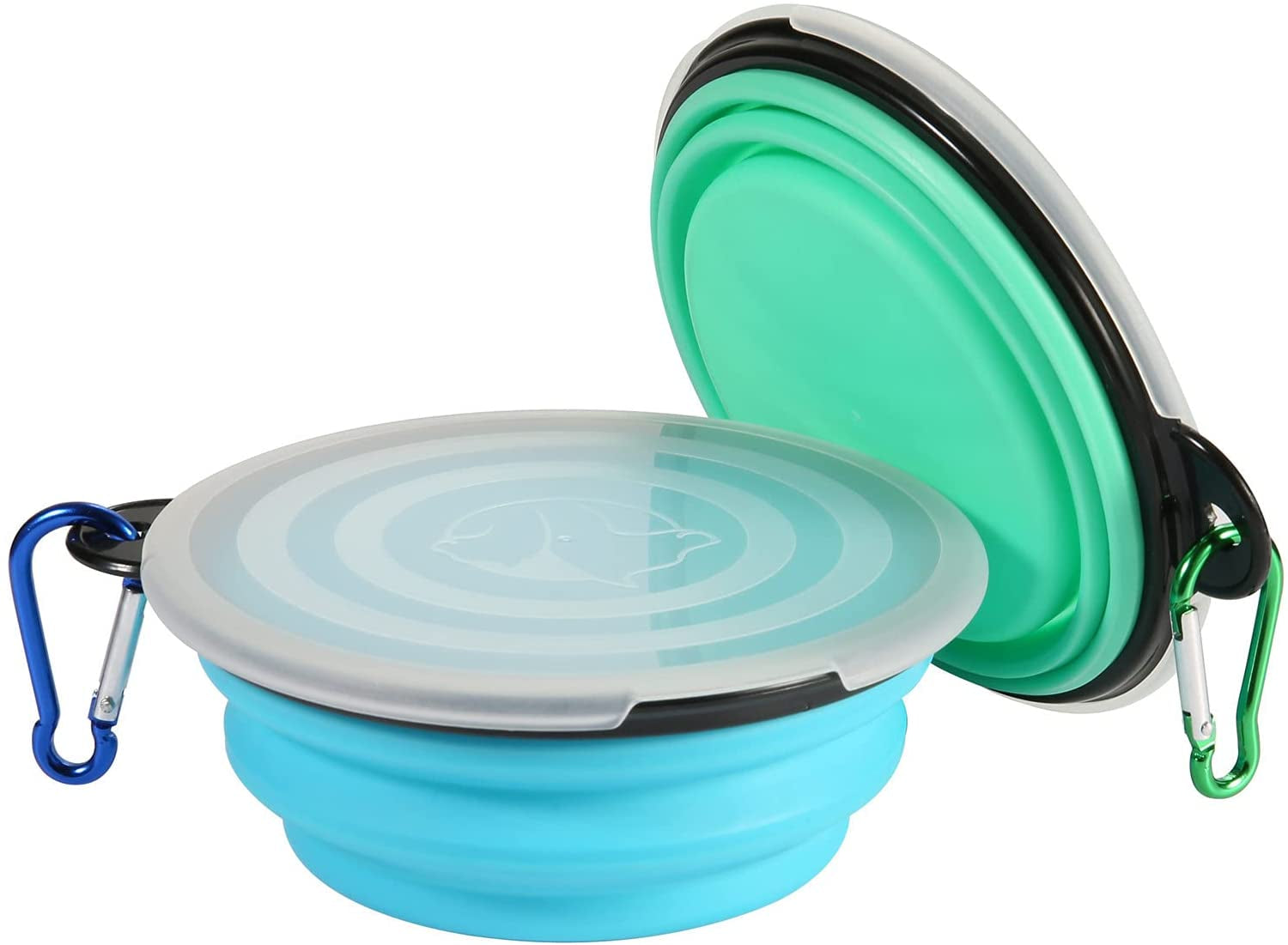 SLSON 2-Pack Collapsible Dog Bowls with Lids: Portable for Travel, Small, Light Blue/Green