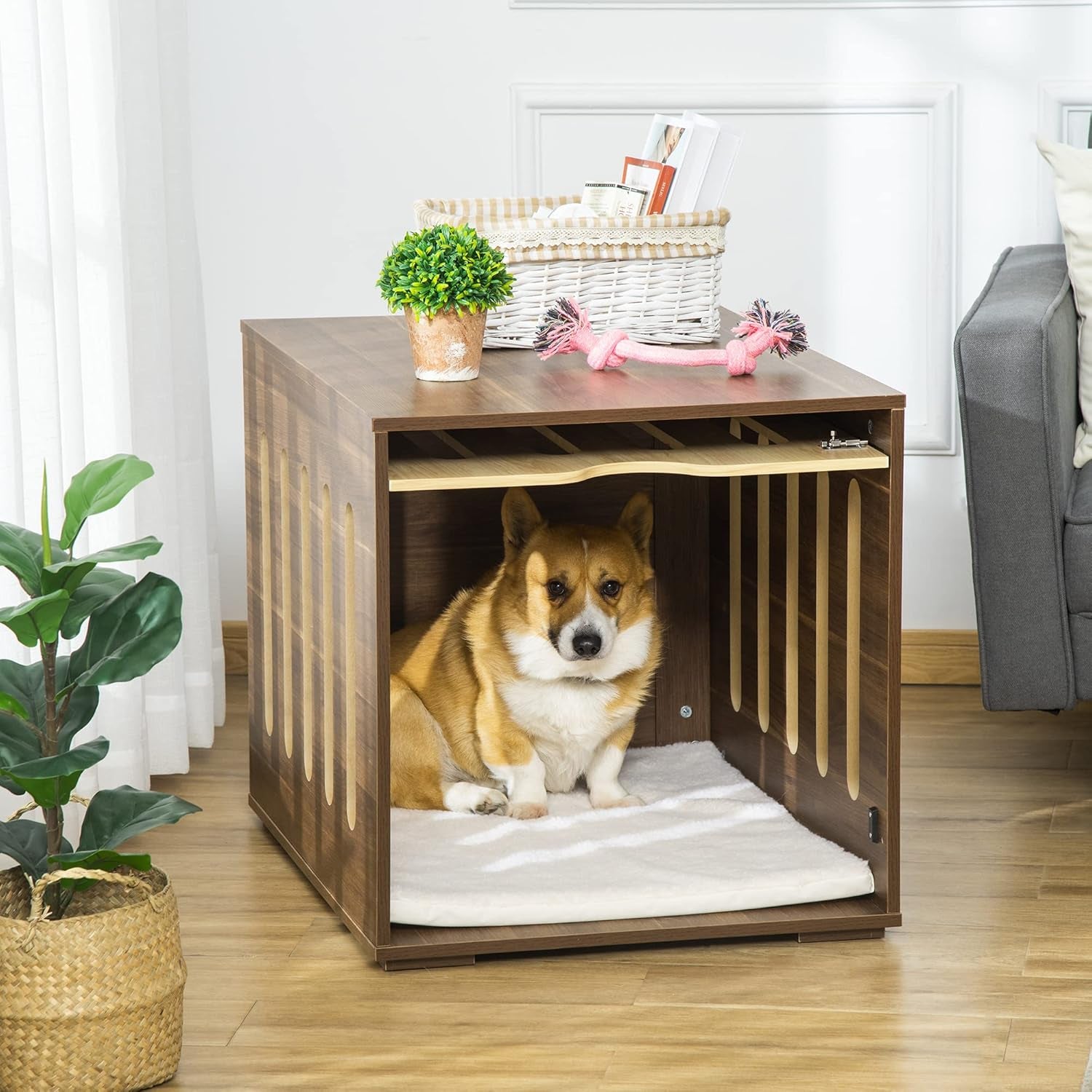 Pawhut Furniture Style Brown Indoor Dog Crate End Table with Removable Door, Foam Cushion, and Safety Lock 