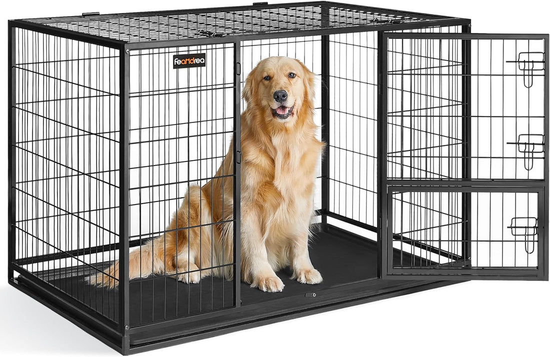 Feandrea XXL Heavy-Duty Metal Dog Crate – Large Dog Kennel with Removable Leak-Proof Tray, Strong & Durable Black Steel Construction