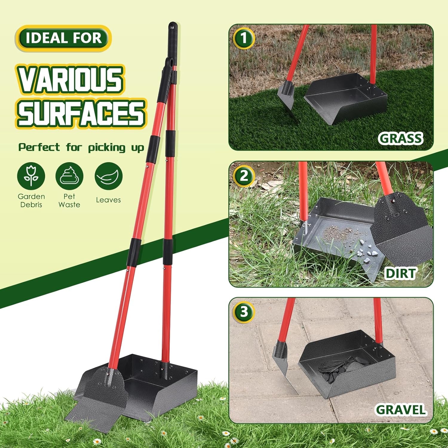 Heavy Duty Pooper Scooper Tray & Shovel Kit with Adjustable Metal Handle, Includes 10 Waste Bags