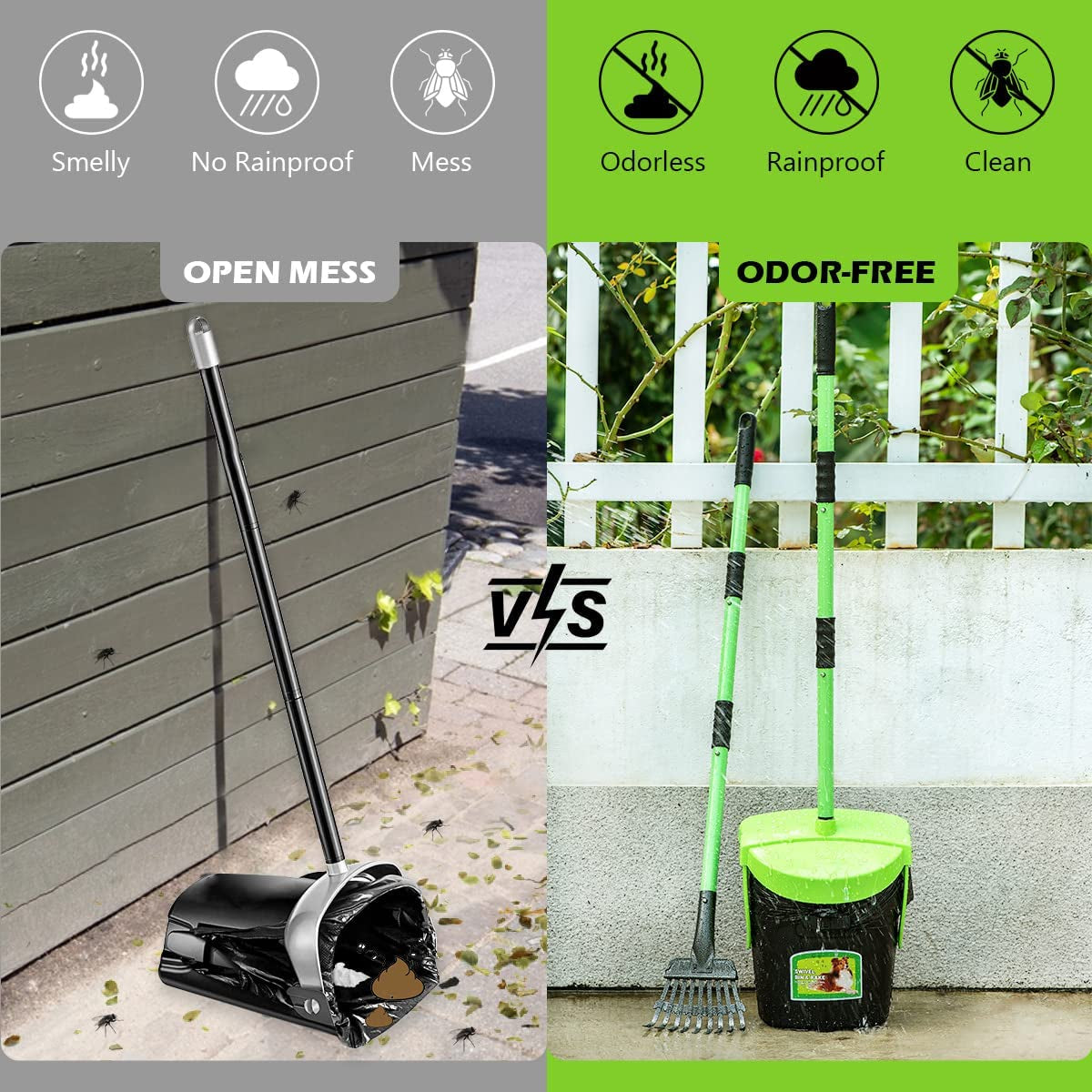 Pooper Scooper Swivel Bin & Rake Kit with Adjustable 36.6" Handle, Includes 20 Waste Bags