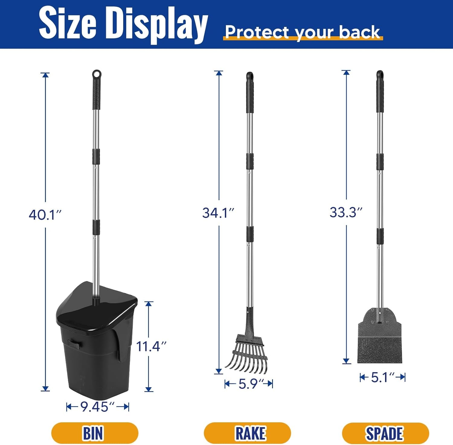 Dog Pooper Scooper Swivel Bin & Rake Set with Spade & 20 Bags, Long Handle Scoop