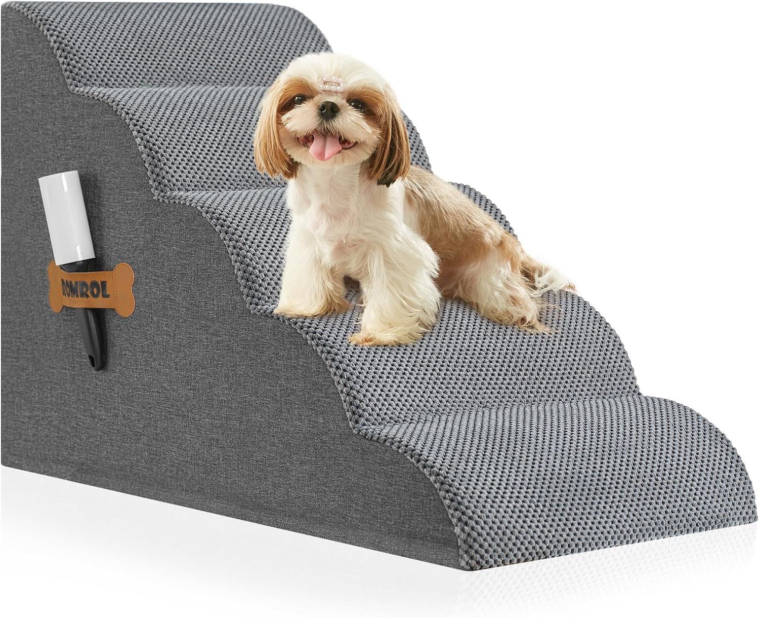 Romrol 4-Tier Dog Stairs: Non-Slip, Waterproof Fabric Cover, Ramp for Pets with Joint Issues, Grey