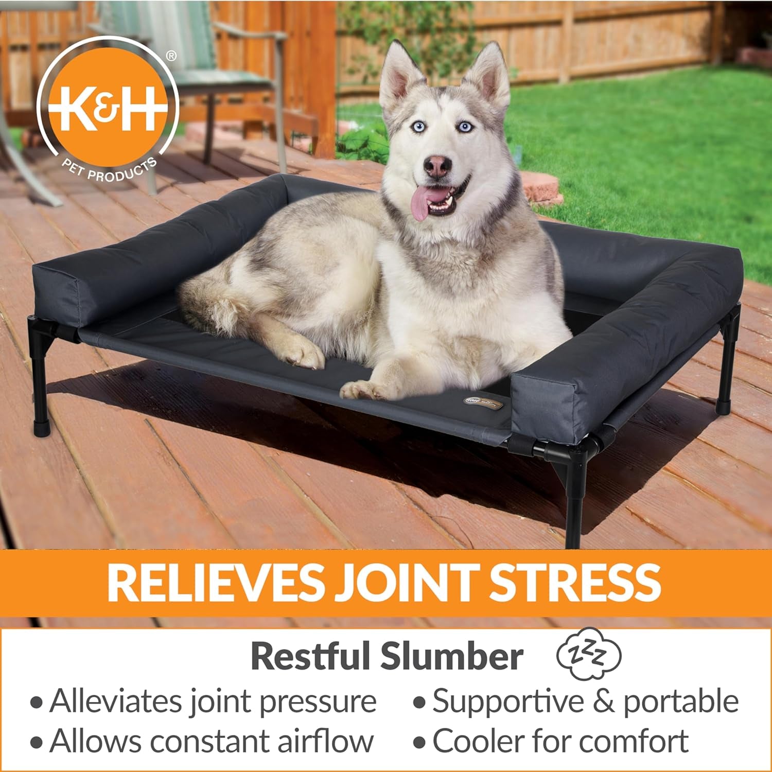 K&H Pet Products Bolster Dog Cot - Cooling, Elevated Bed with Removable Bolsters, Large 30" x 42" - Charcoal