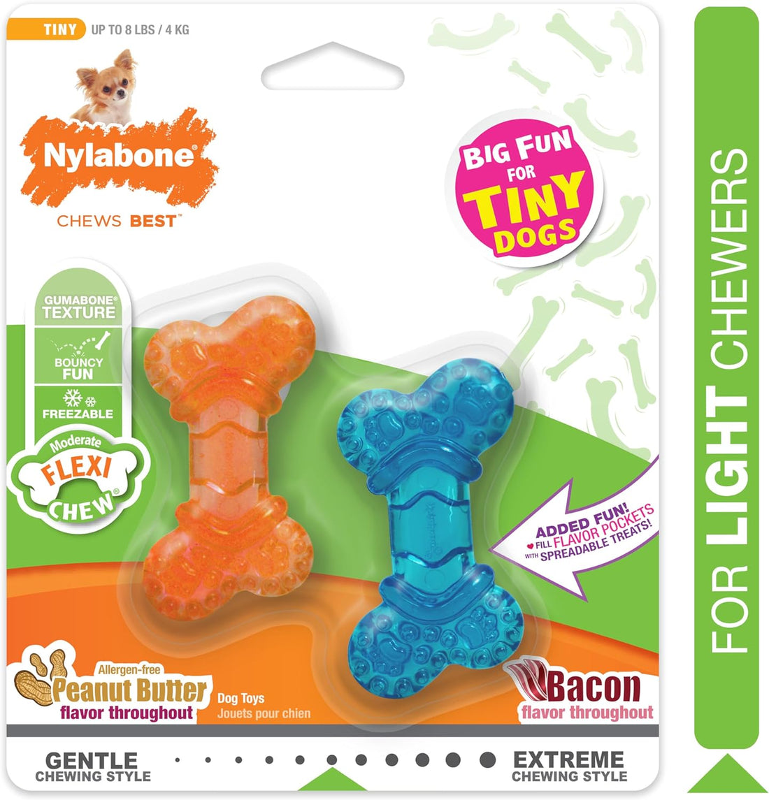 Nylabone Flexichew Bone – Moderate Chew Peanut Butter & Bacon Flavored Chew Toys for Tiny Dogs, 2-Pack for Healthy Teeth & Gum Maintenance