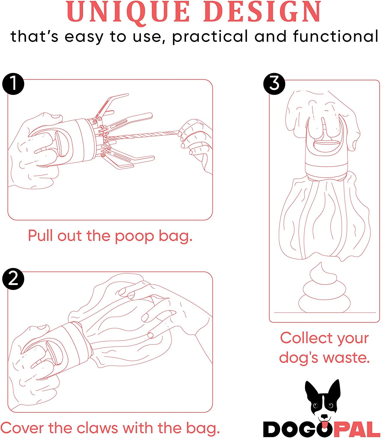 360 Dog Pooper Scooper with Built-In Poop Bag Dispenser, Lightweight Claw Scooper