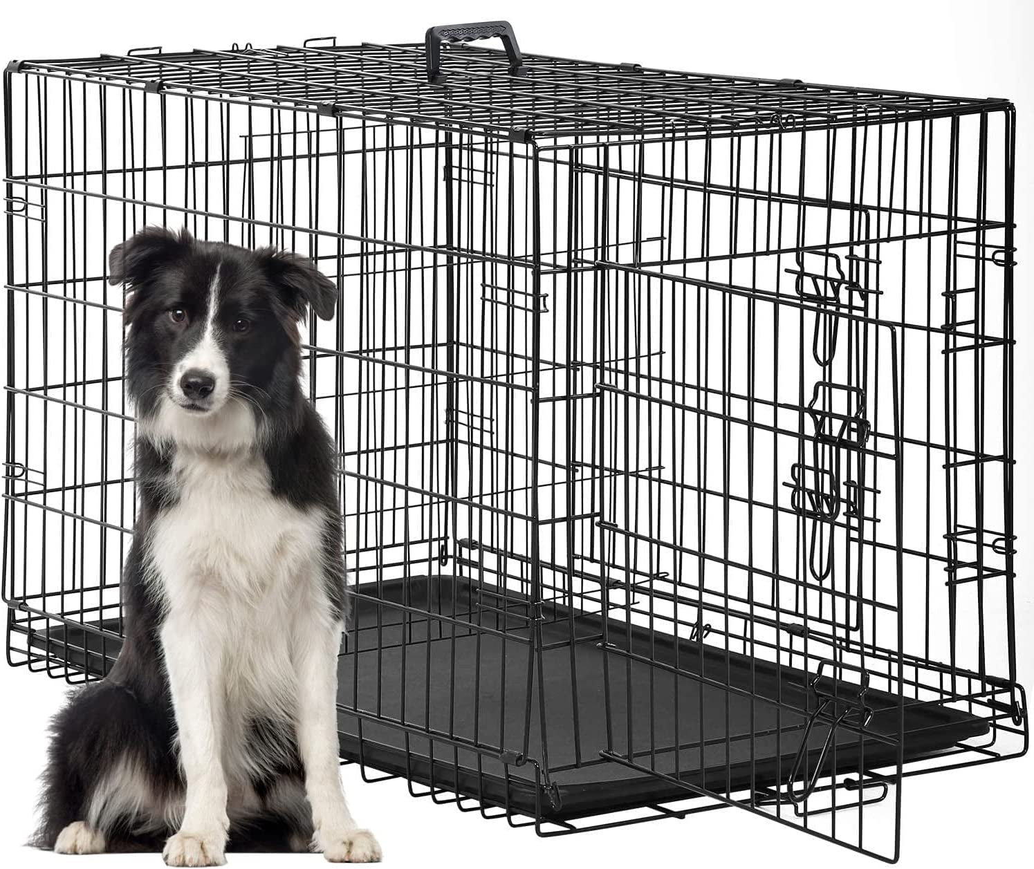 FDW Folding Metal Dog Crate with Double Door, Divider Panel & Leak-Proof Tray - Portable Kennel for Large Dogs,