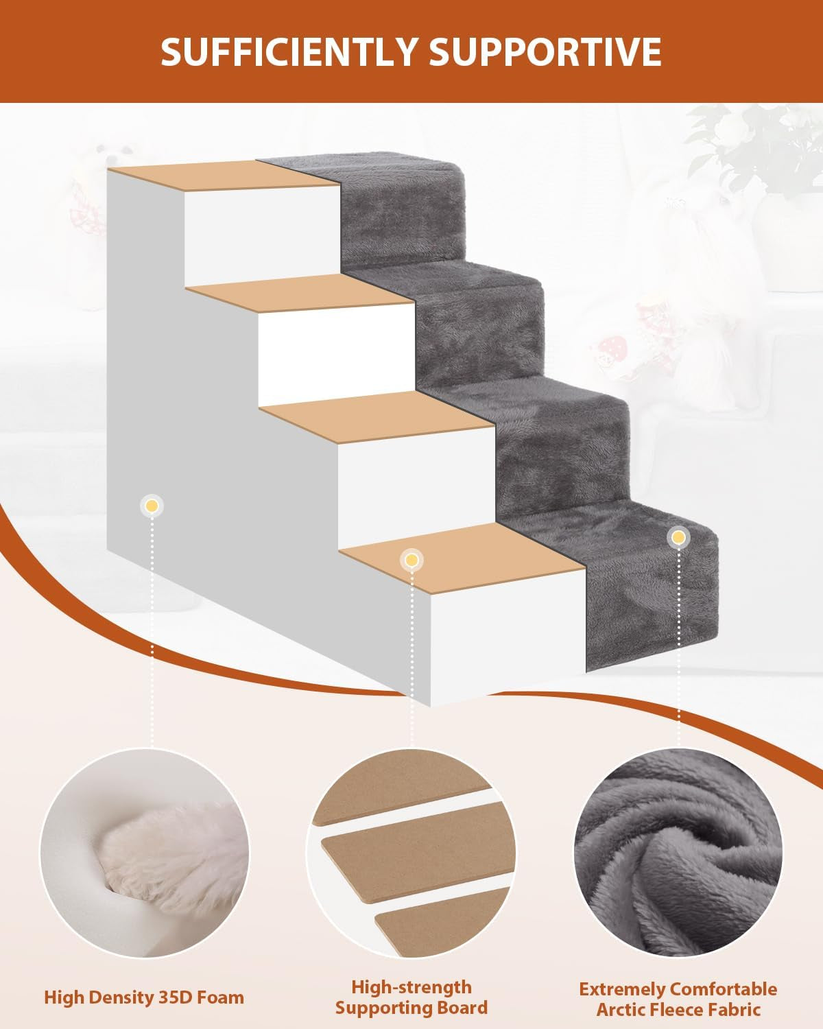 18" 4-Step Dog Stairs for High Beds and Couches, Non-Slip, High-Density Foam - Grey