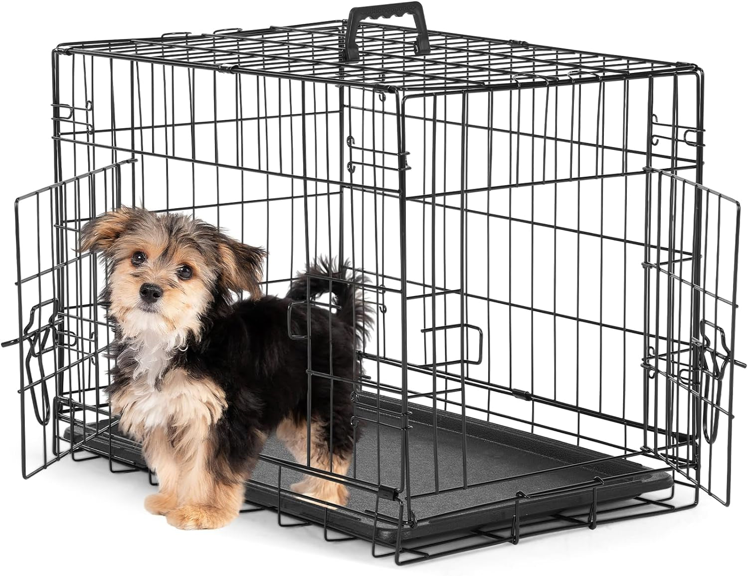 Sweetcrispy 24-Inch Double Door Small Dog Crate – Metal Folding Pet Kennel with Divider Panel, Leak-Proof Tray for Indoor & Outdoor Travel Use