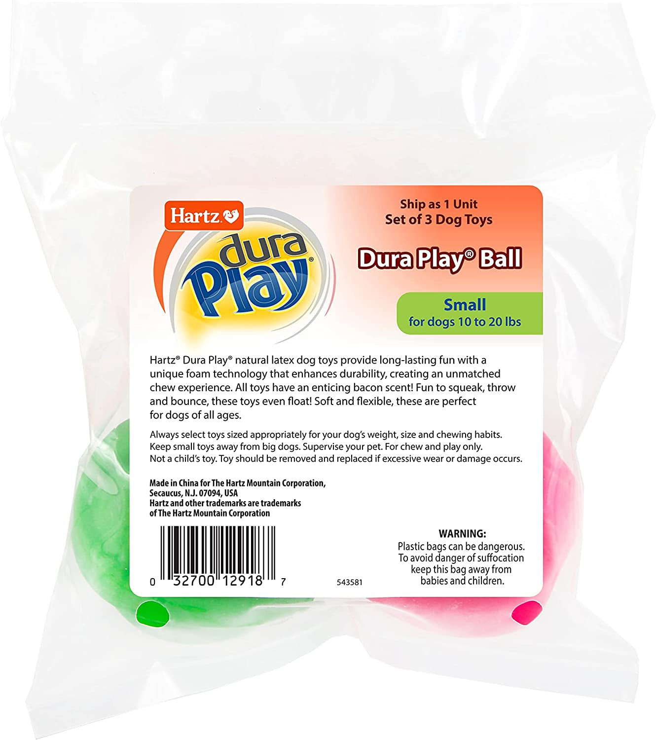 Hartz Dura Play 3-Pack Squeak Ball Toy for Small Breeds: Bacon Scented
