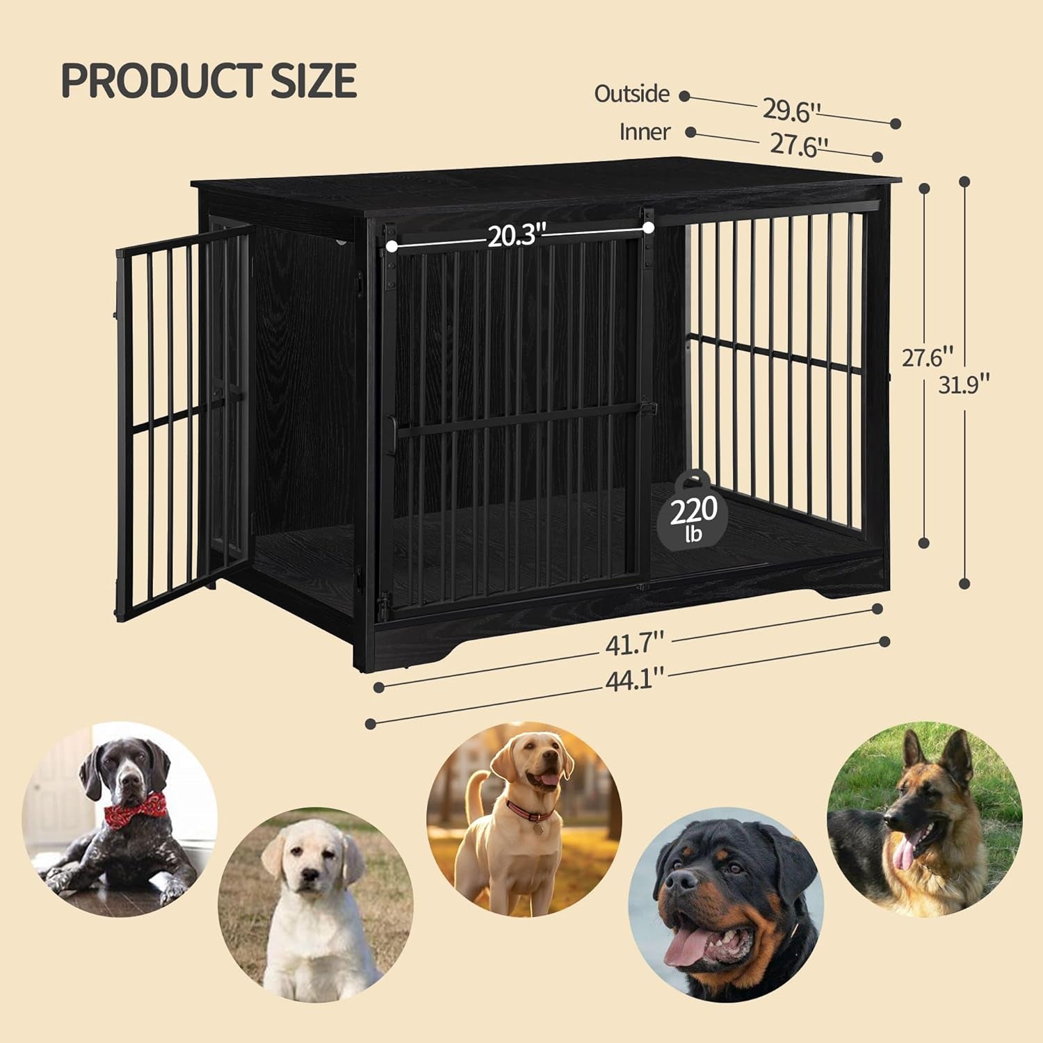 Dog Crate Furniture, 44.1" Double Door Dog Crate with Barn Door, Dog Kennel Indoor, End Side Table Wooden Dog Crate for Small Medium Large Dog, Anti-Chew Anti-Escape, Black