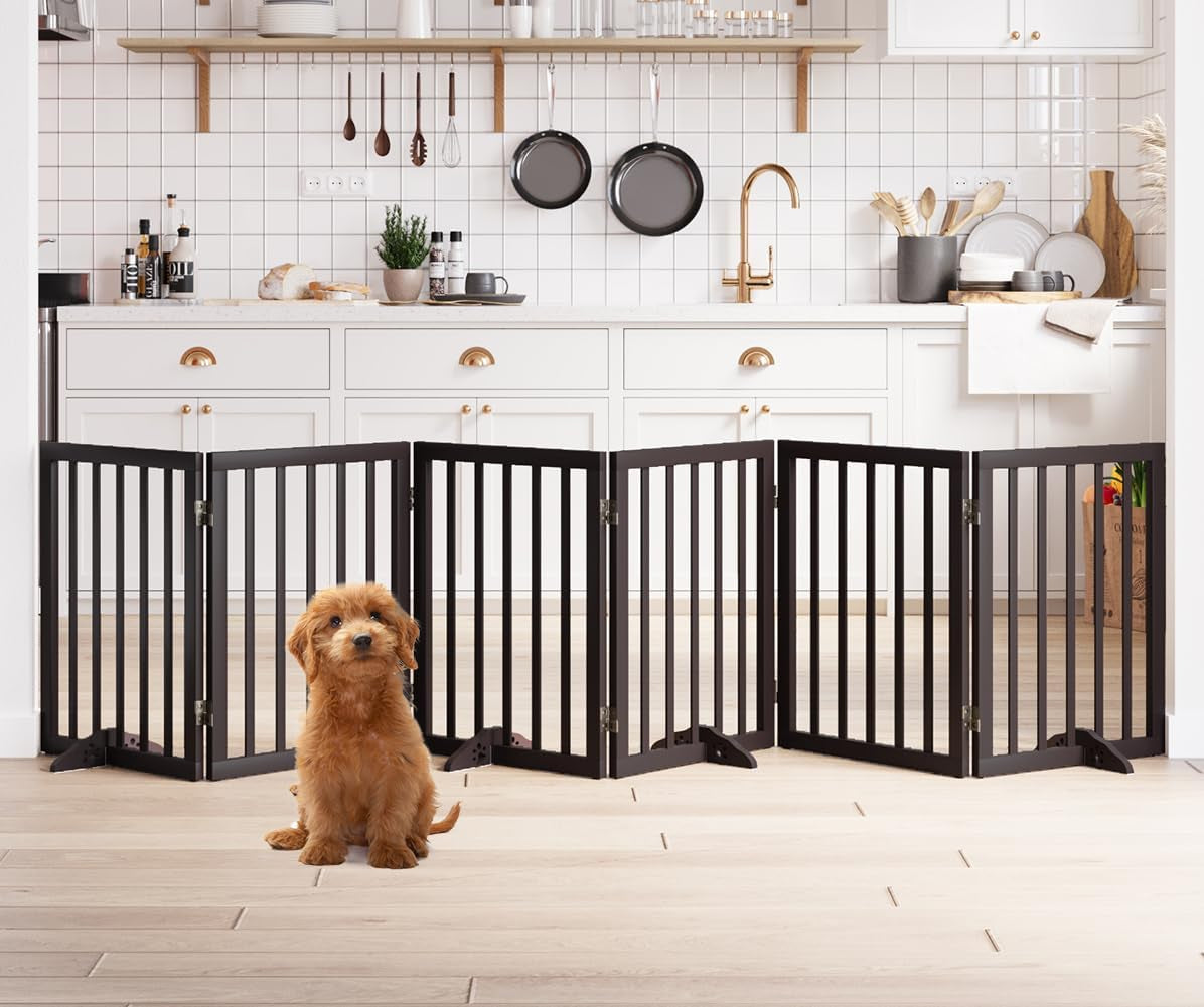 Wooden Foldable Dog Gate, Freestanding Multi-Panel Indoor Pet Gate, Extra Wide 24" Tall Dog Barrier