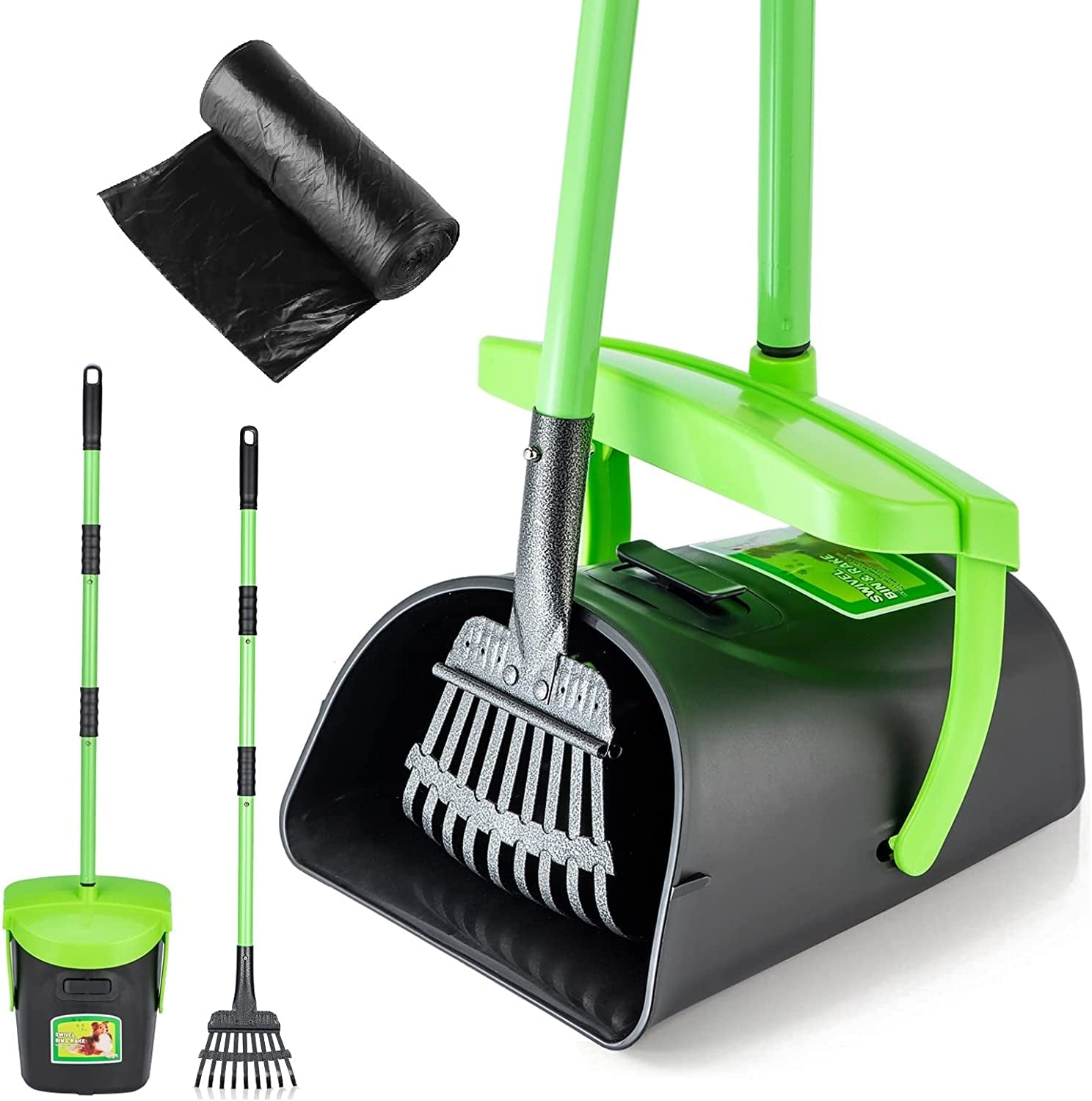 Pooper Scooper Swivel Bin & Rake Kit with Adjustable 36.6" Handle, Includes 20 Waste Bags