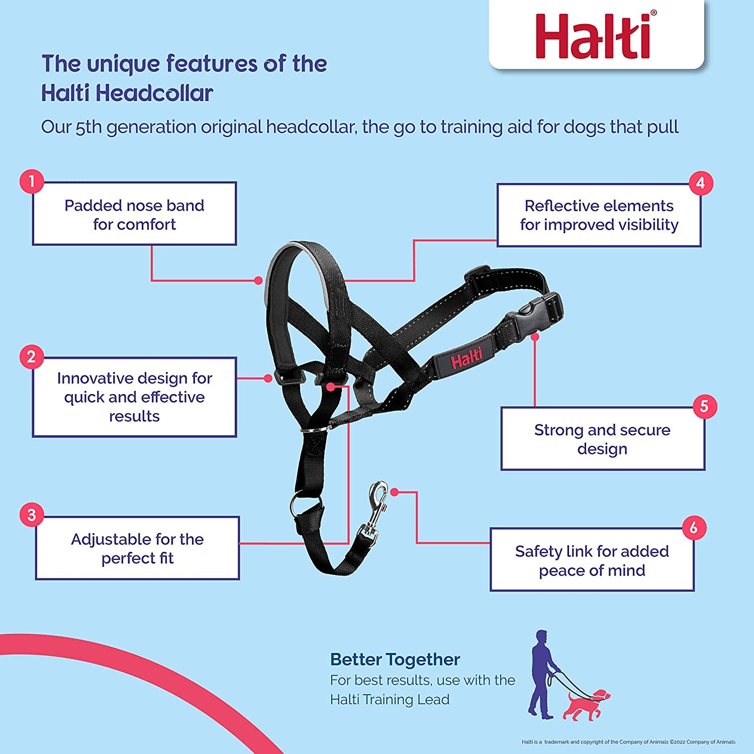 HALTI Headcollar for Medium Dogs - Adjustable, Reflective Anti-Pull Collar with Padded Nose Band