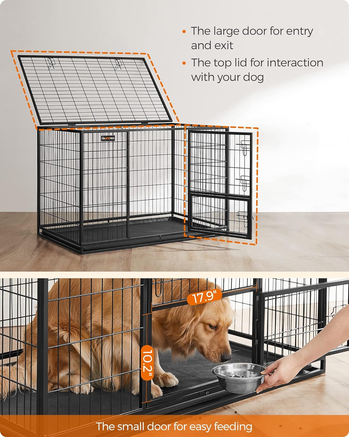 Feandrea XXL Heavy-Duty Metal Dog Crate – Large Dog Kennel with Removable Leak-Proof Tray, Strong & Durable Black Steel Construction