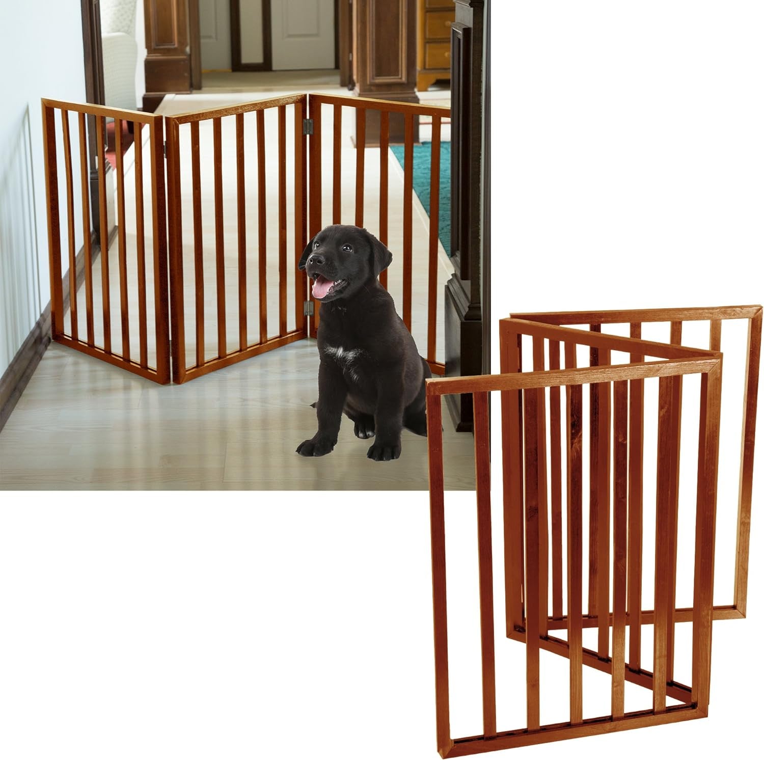 Multi-Panel Foldable Wood Dog Gate - Freestanding Indoor Pet Fence, Retractable Gate for Stairs & Doorways