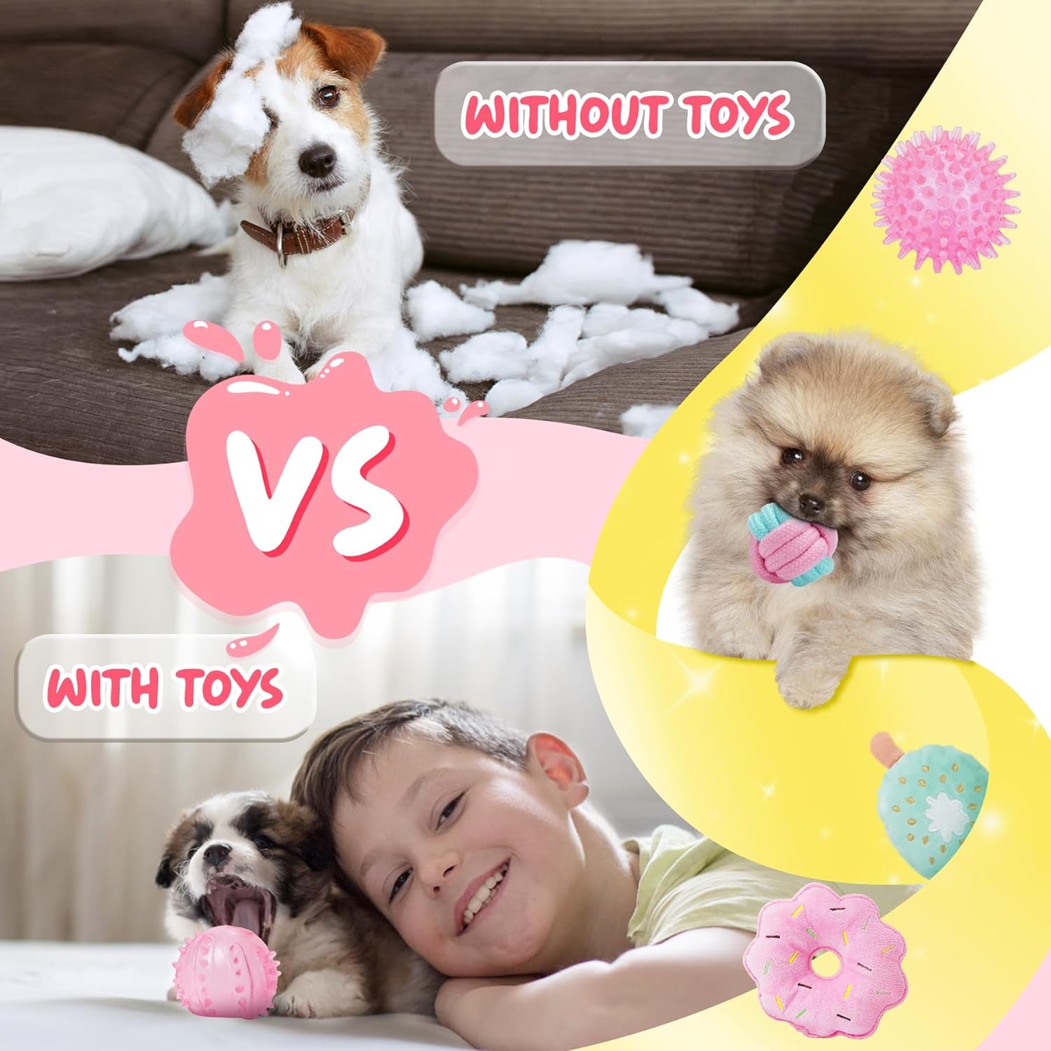 Pink Puppy Toys for Boredom - 23 Pack Puppy Chew Toys for Teething, Interactive Dog Toys for Puppies, Cute Small Dog Toys with Treat Ball, Squeaky Dog Chew Toys and Ropes
