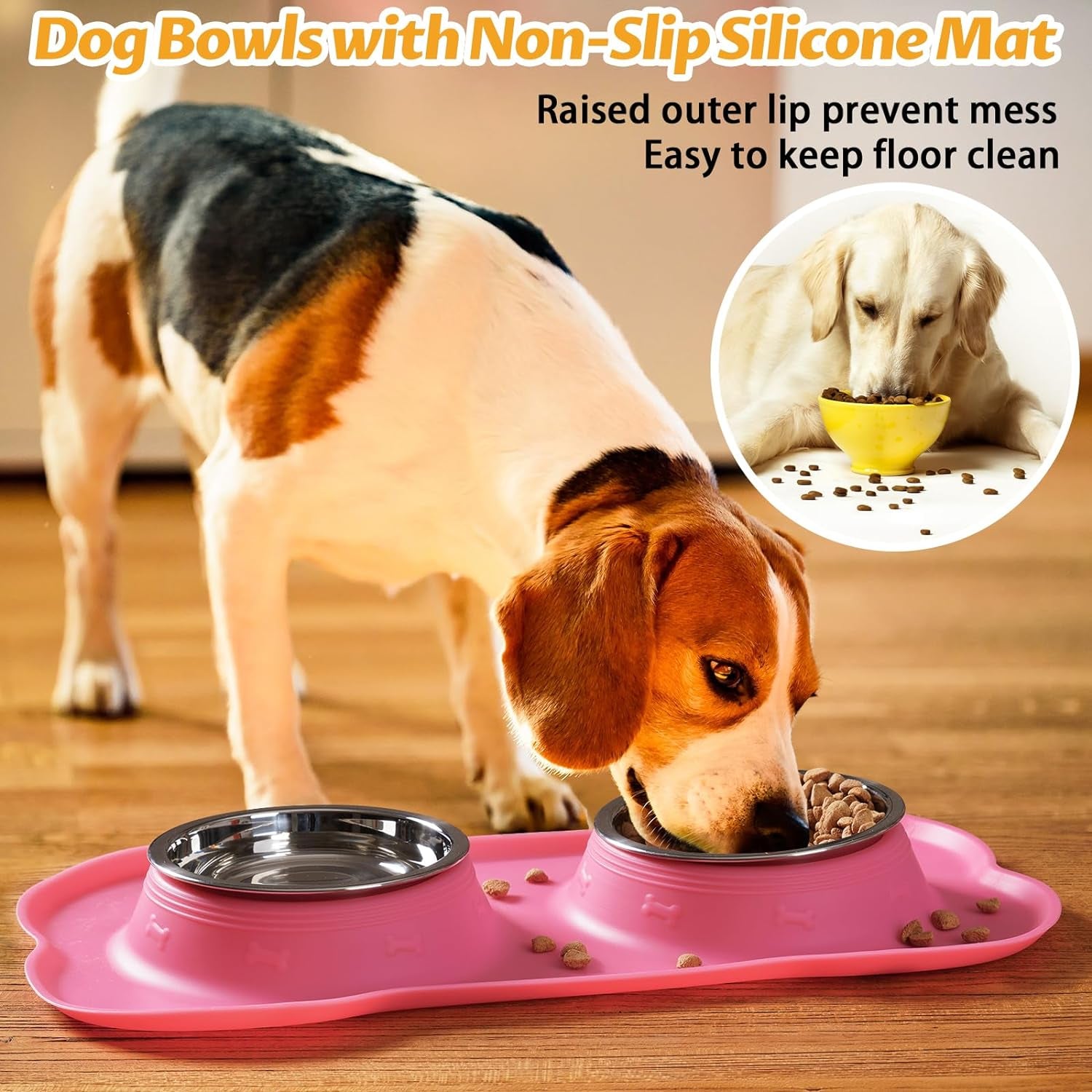 Hubulk 2 Stainless Steel Dog Bowls with Non-Skid Silicone Mat - Small, Pink, Includes Food Scoop