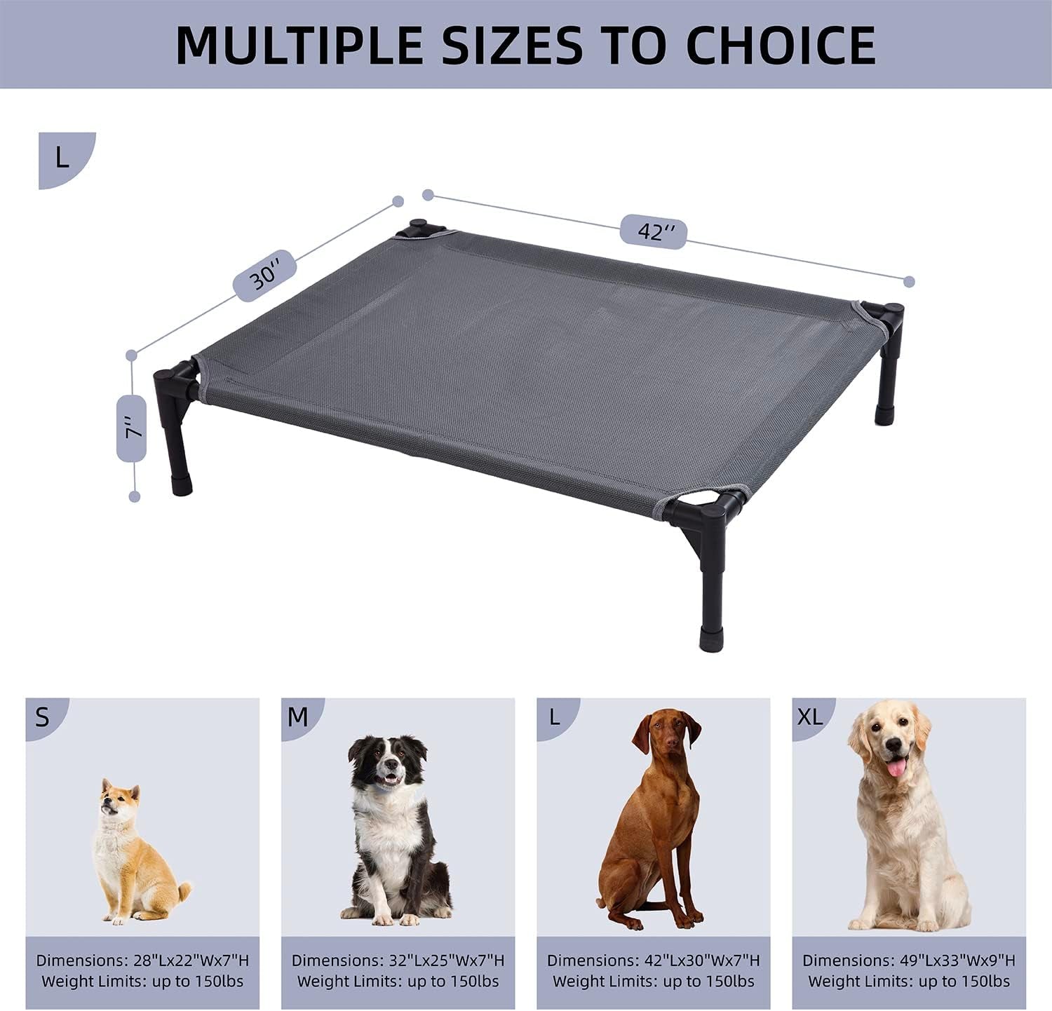 Elevated Outdoor Dog Cot, Waterproof, Breathable Teslin Mesh, Non-Slip, 42" Grey