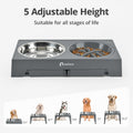 Adjustable Elevated Dog Bowls - Includes 2 Stainless Steel & 1 Slow Feeder Bowl, 5 Height Options, Grey