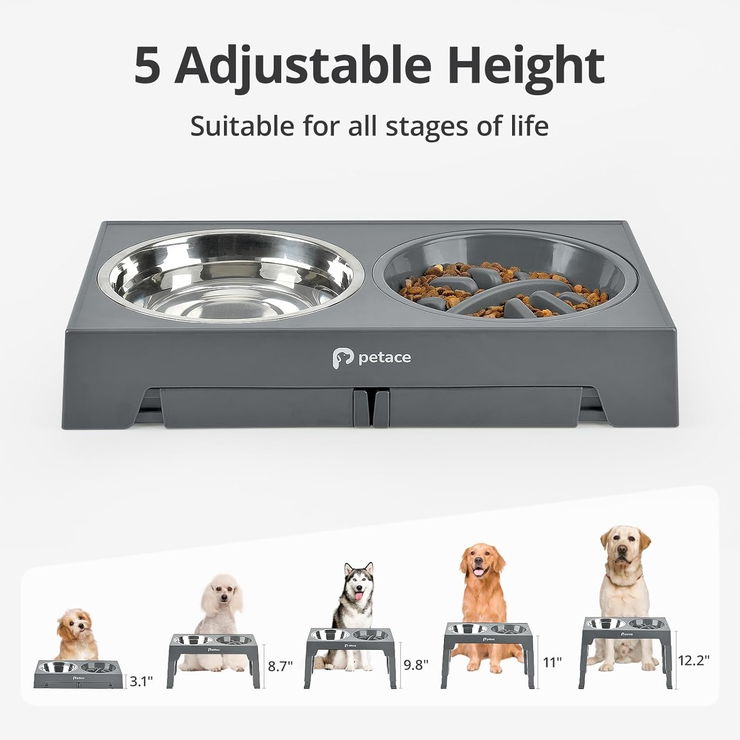 Adjustable Elevated Dog Bowls - Includes 2 Stainless Steel & 1 Slow Feeder Bowl, 5 Height Options, Grey