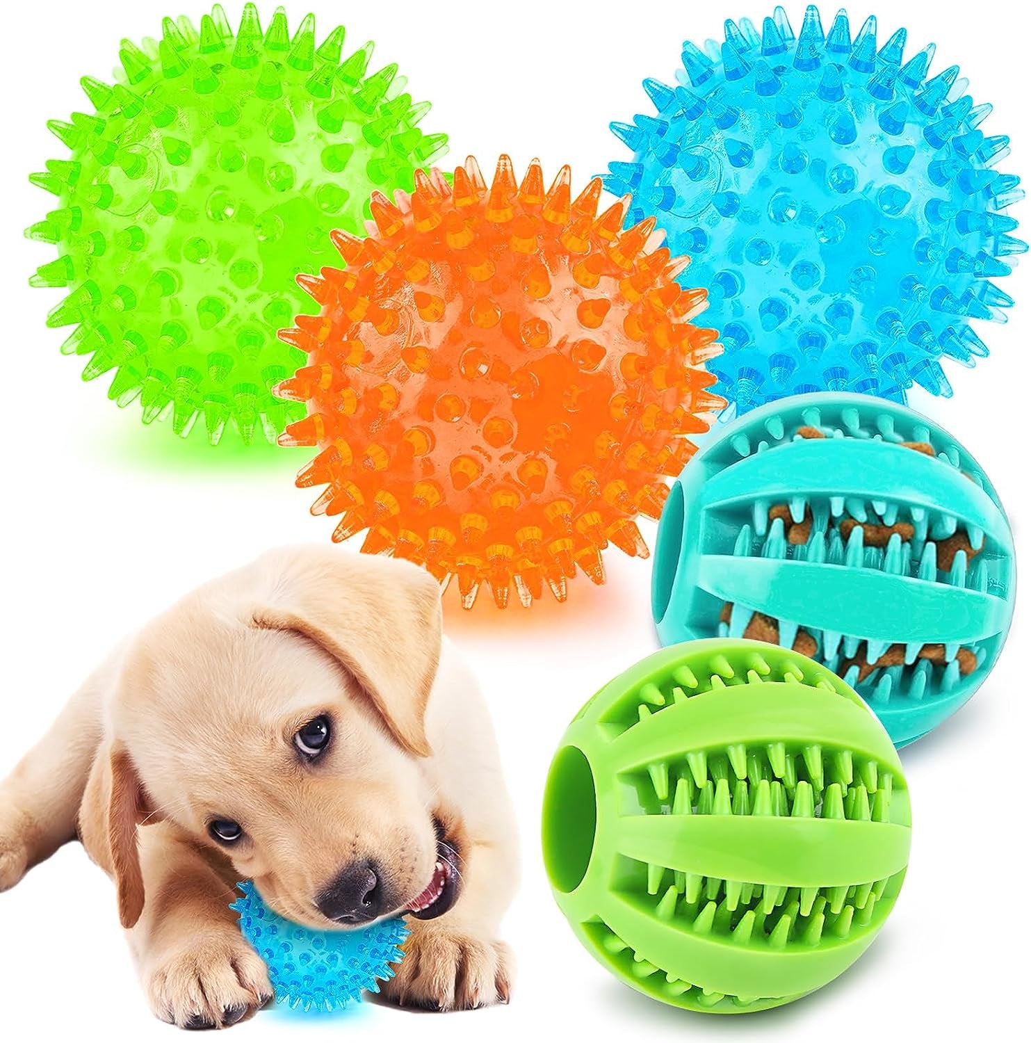 2-in-1 Interactive Dog Balls – 2.5” Squeaky Chew & Teething Toys, Dental Training for Small Dogs, 5-Pack