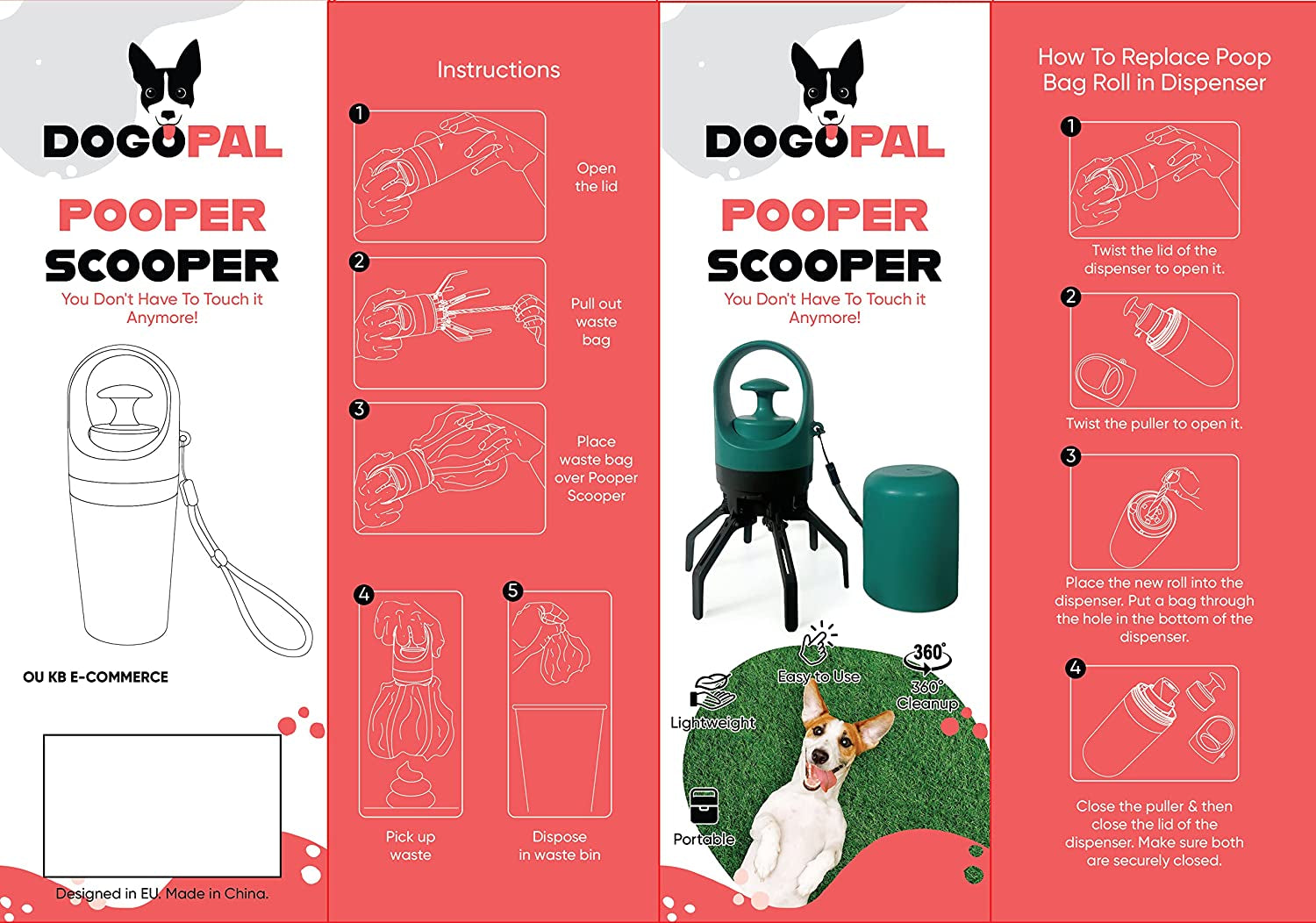 360 Dog Pooper Scooper with Built-In Poop Bag Dispenser, Lightweight Claw Scooper