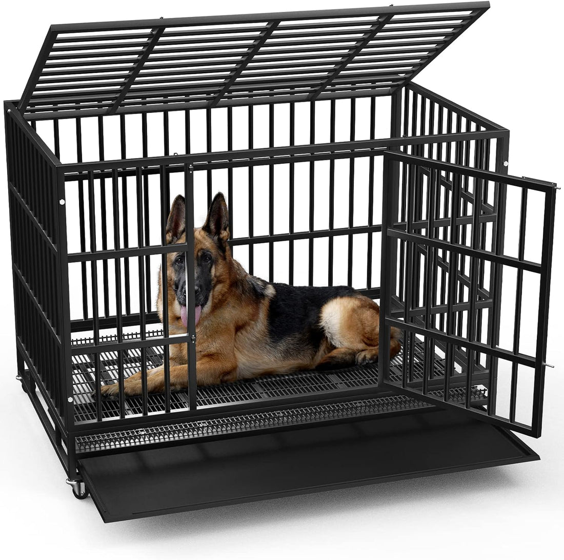Lemberi Heavy-Duty Dog Crate – Escape-Proof, High-Anxiety Crate with Lockable Wheels, Double Doors, Removable Tray, Extra Large for Indoor Use