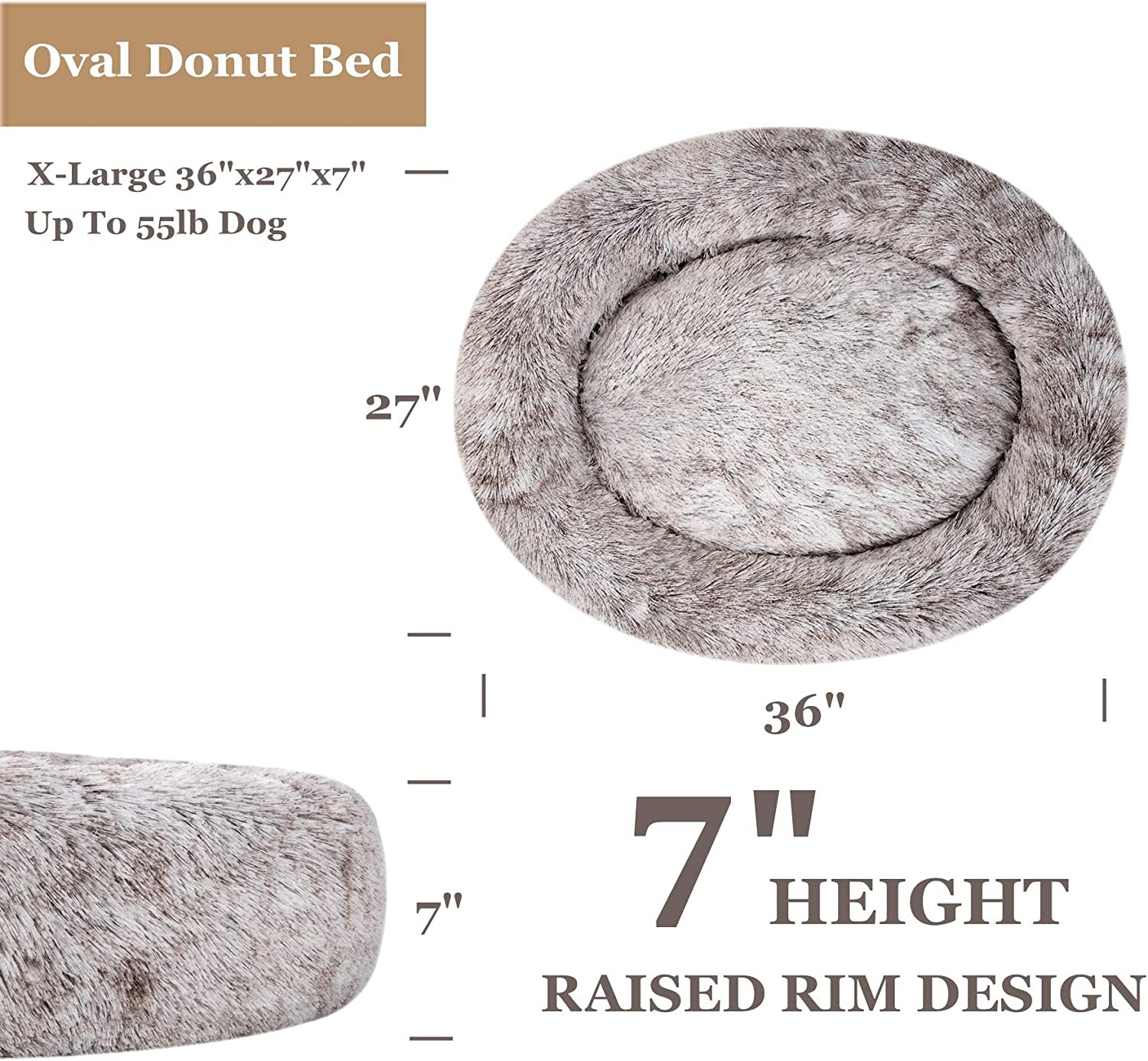 Coohom Oval Donut Cuddler Dog Bed 36", Shag Faux Fur, Washable - for Small & Medium Breeds